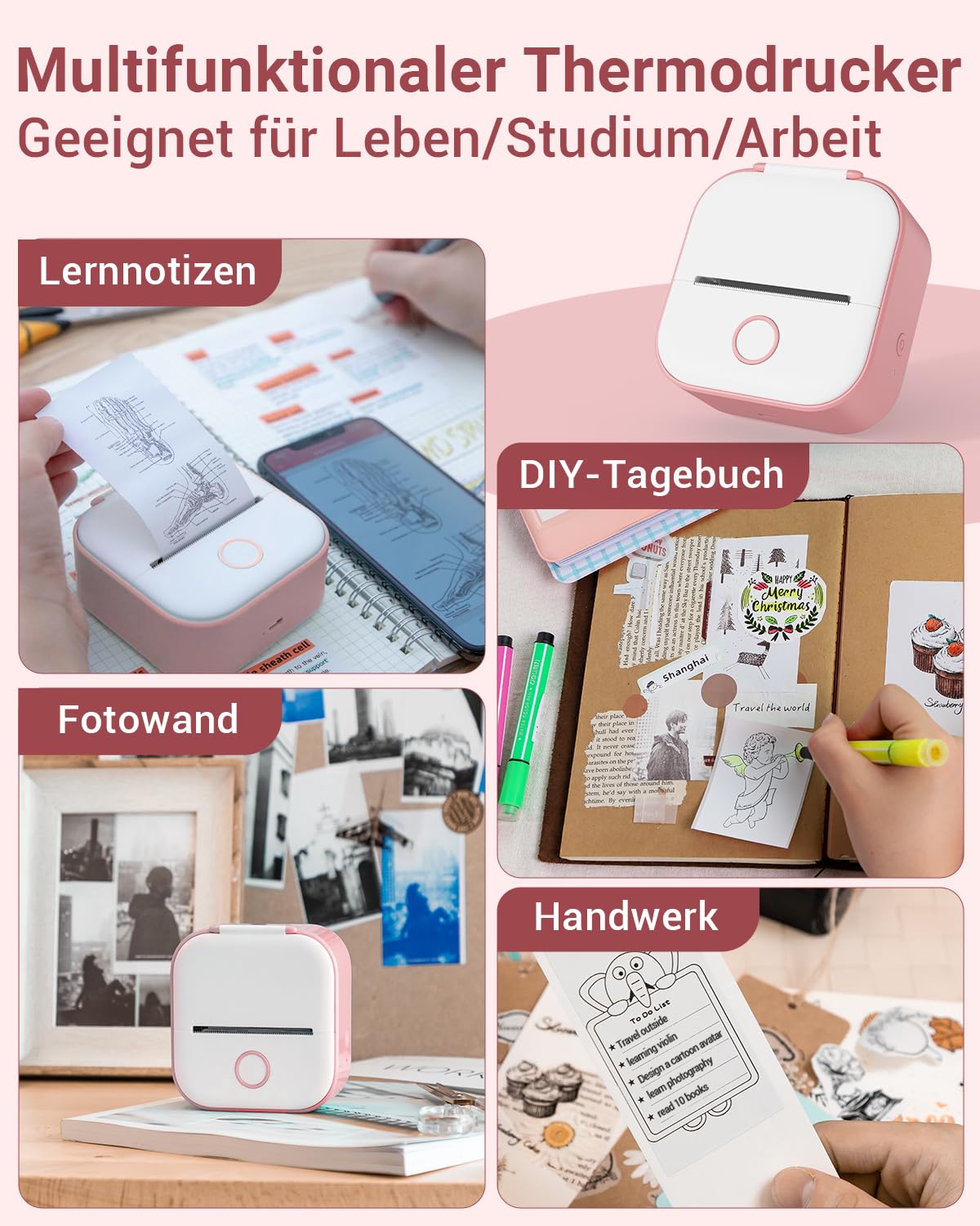 Phomemo T02 printer, mini-sticker, fotoprinter voor mobiele telefoons, thermische printer voor smartphone, 203 dpi handstickerprinter, sticker bluetooth-printer voor organizer, tieners, preppy