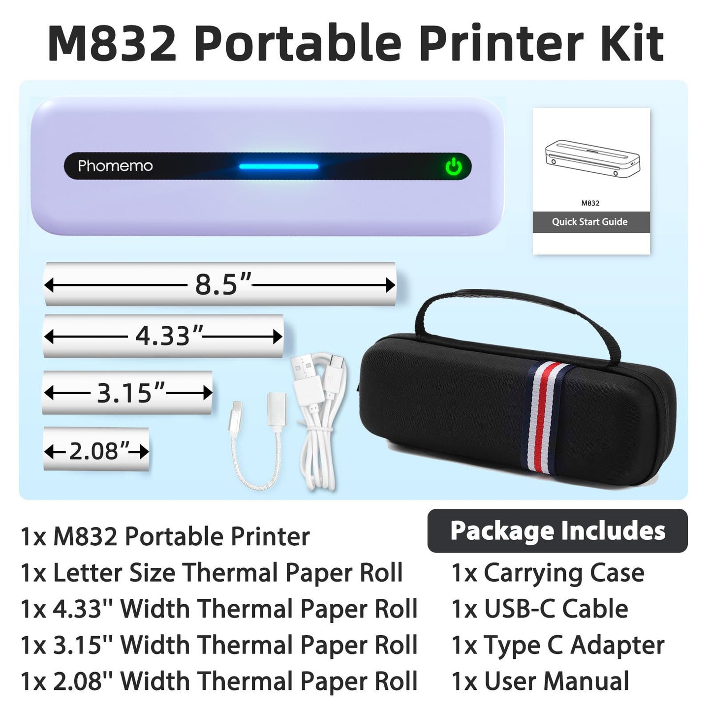 Phomemo Portable Thermal Printer, Bluetooth Portable Printers Wireless for Travel, M832 Inkless Mobile Printer for Phone Laptop, Support 8.5''x11''/A4/4.33''/3.15''/2.08'' Thermal Paper, with Case
