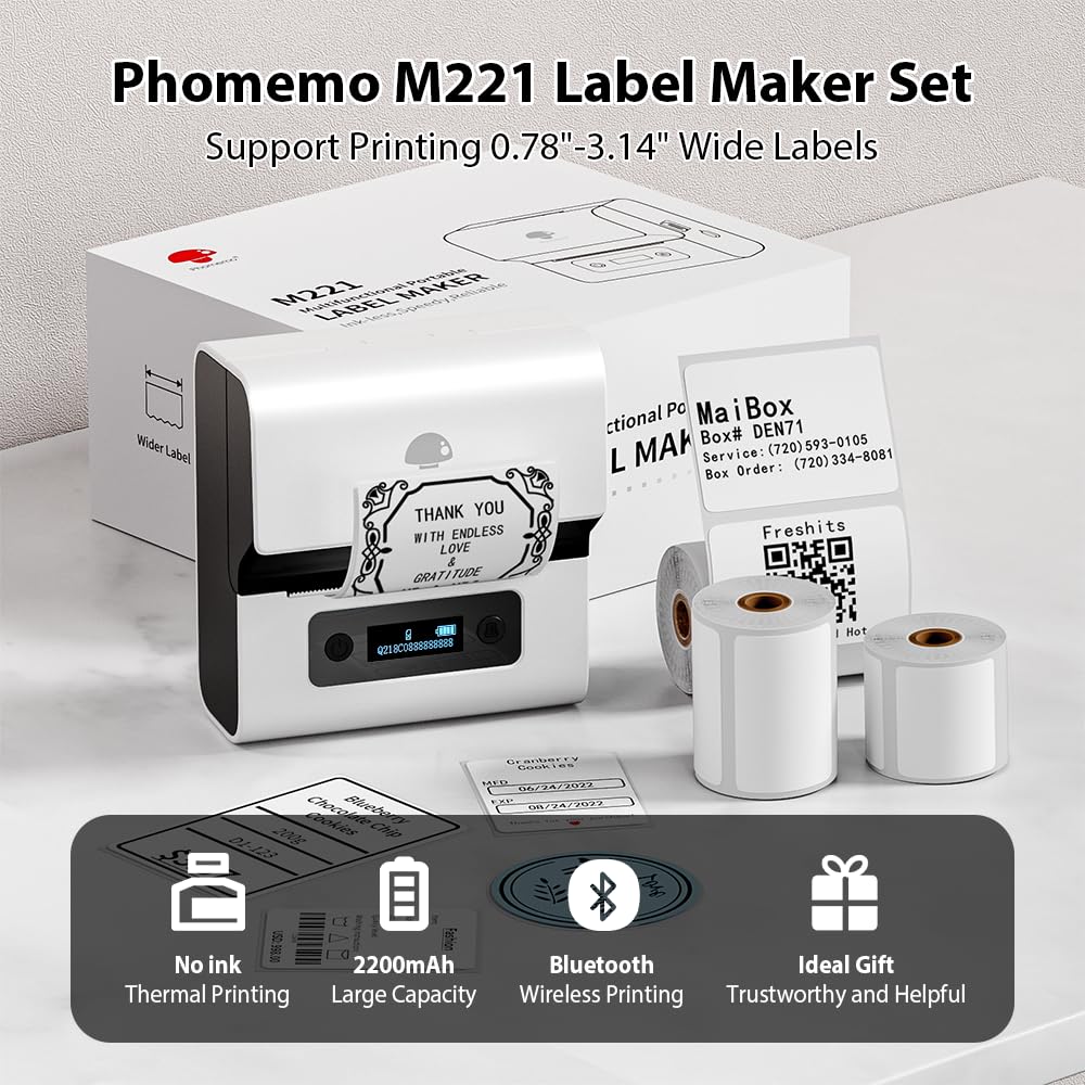 Phomemo Bluetooth Label Printer - M221 Label Maker Machine, Portable Thermal Label Printer, Rechargeable Label Maker Compatible with PC IOS Android,for Address,Barcode,Home,Office,with 3 Rolls Labels