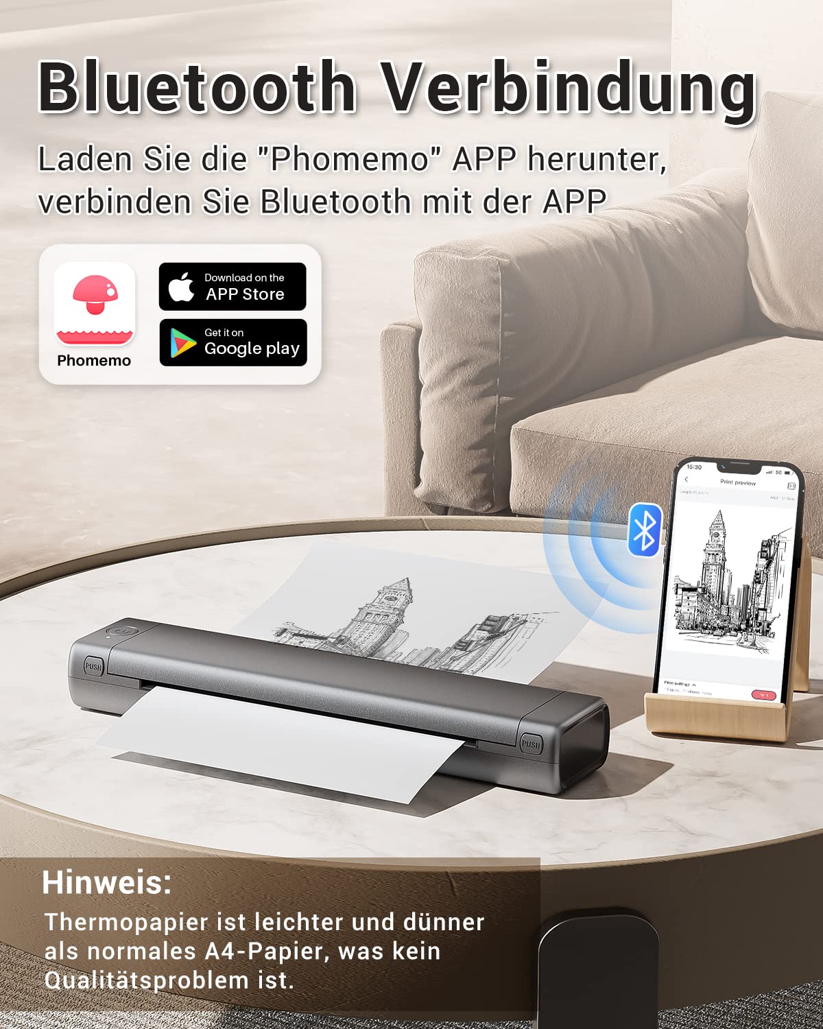 portable Phomemo Printer, M08F, Bluetooth, A4, Supports 210x297mm, for A4 Thermal Paper, Wireless Inkless Travel Printer, Compatible with Android and iOS for Travel and Laptop.