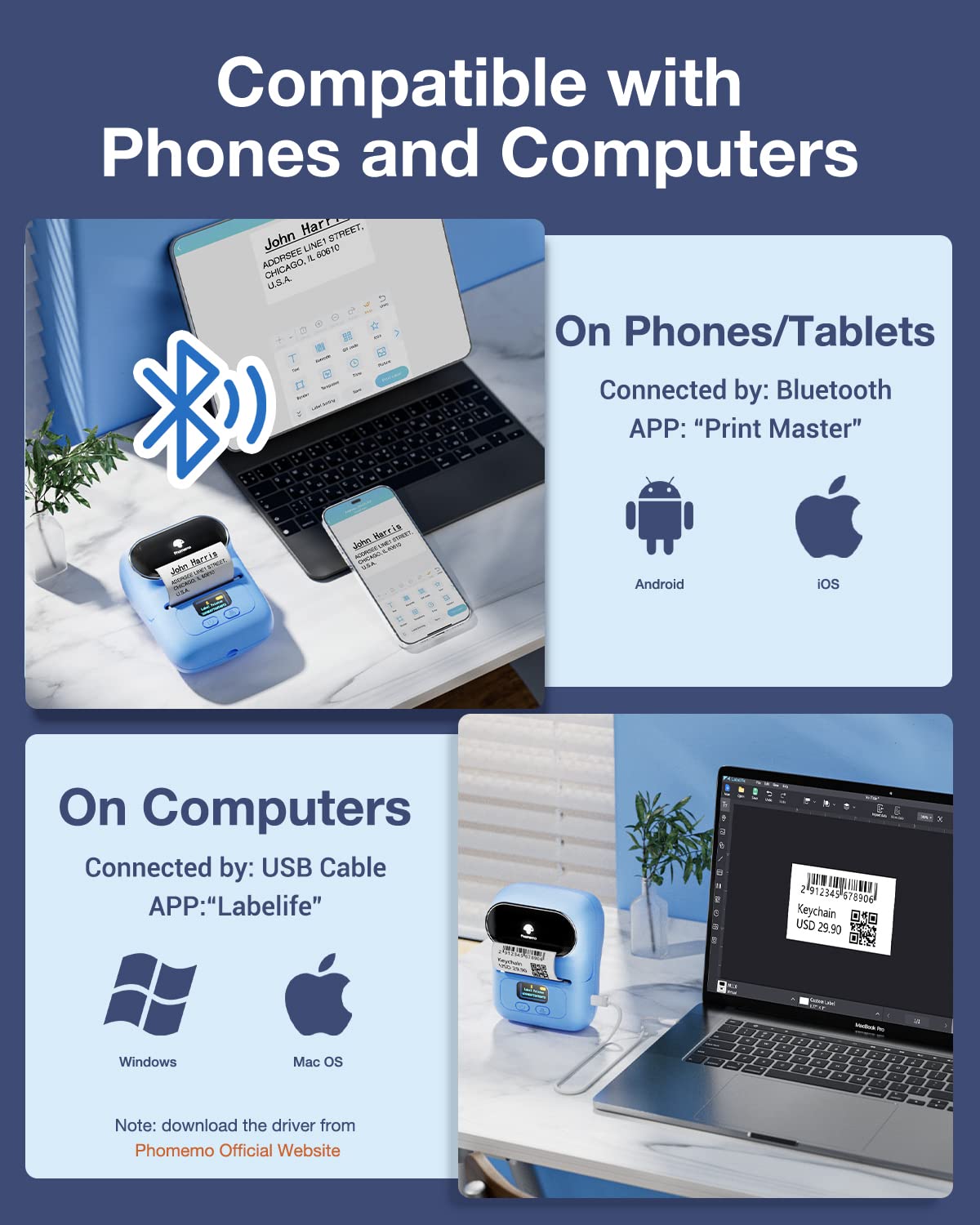 Phomemo Stampante per etichette per codici a barre M110 stampante per etichette Bluetooth portatile per piccole imprese, indirizzo, codice a barre, logo, abbigliamento, Jerwery, blu