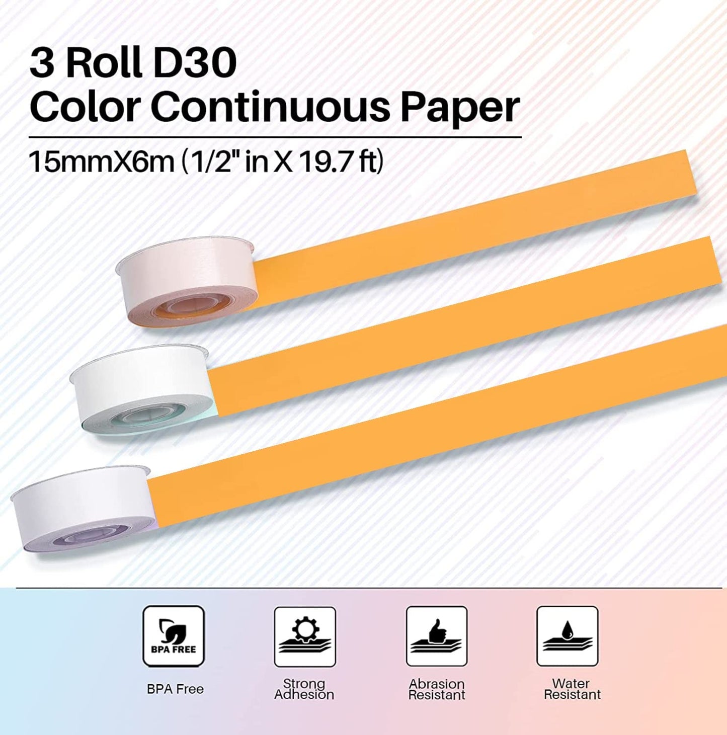 Phomemo 3 Roll D30 Adhesive Continuous Thermal Label Paper 1/2 in X 20 Ft (15mm X 6m) Black on Orange