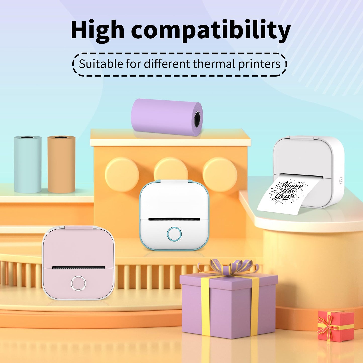 Phomemo Mint Green/Lavender Purple/Light Orange Adhesive Thermal Sticker Paper, Color Printer Paper Compatible With Phomemo Q02/M832/T02 Thermal Printer, 50mm x 3.5m, Storage Time 20 Years, 3 Rolls
