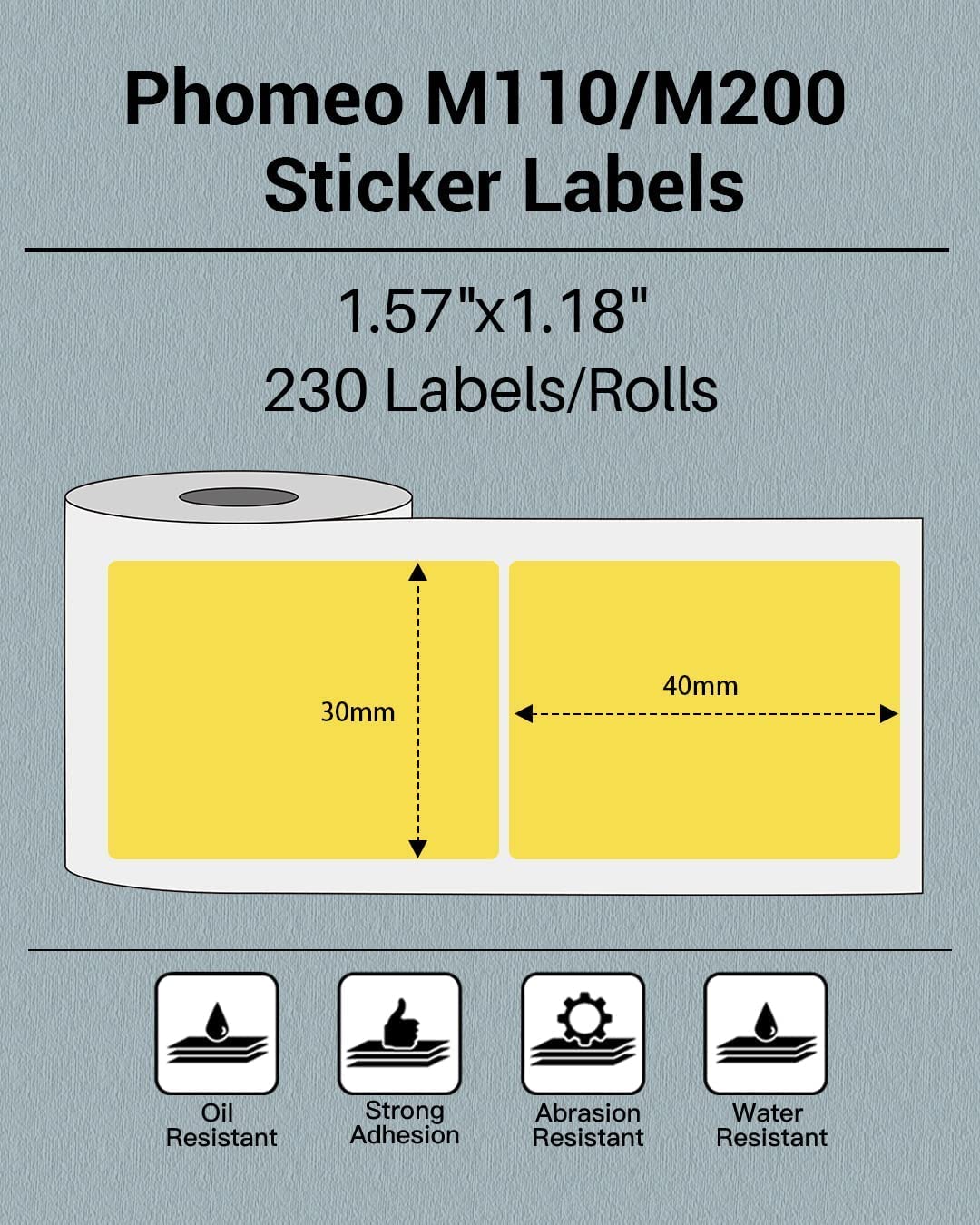 Phomemo, M110 etiket voor M110/M110/M120/M200/M221 labelprinter, multifunctionele labels, 40 x 30 mm, thermo-etiket voor barcode, doe-het-zelf-logo, thuis, kantoor, 230 etiketten/rol, geel