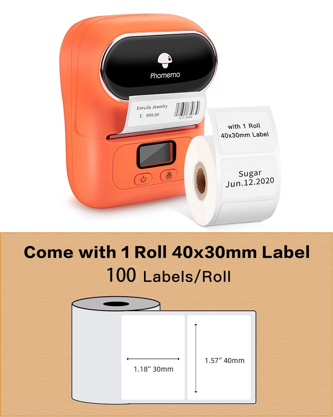 Phomemo Barcode Printer - M110 Label Maker Machine Wireless Bluetooth Themal Label Printer for Small Business, School, Barcode, Address, Jewelry, Clothing, Organizing, Orange