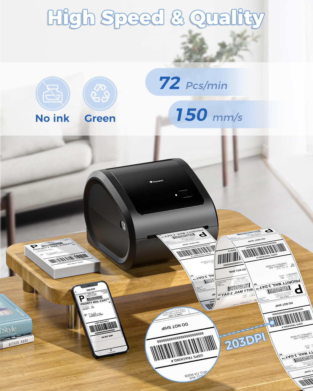 Phomemo Bluetooth Thermo-Etikettendrucker,D520BT USB Versand-Etikettendrucker 4x6,Kabelloser Thermodrucker für Pakete,Porto,Adresse,Logo,Kompatibel mit Ebay,Etsy,Amazon,Shopify,etc(All-Black
