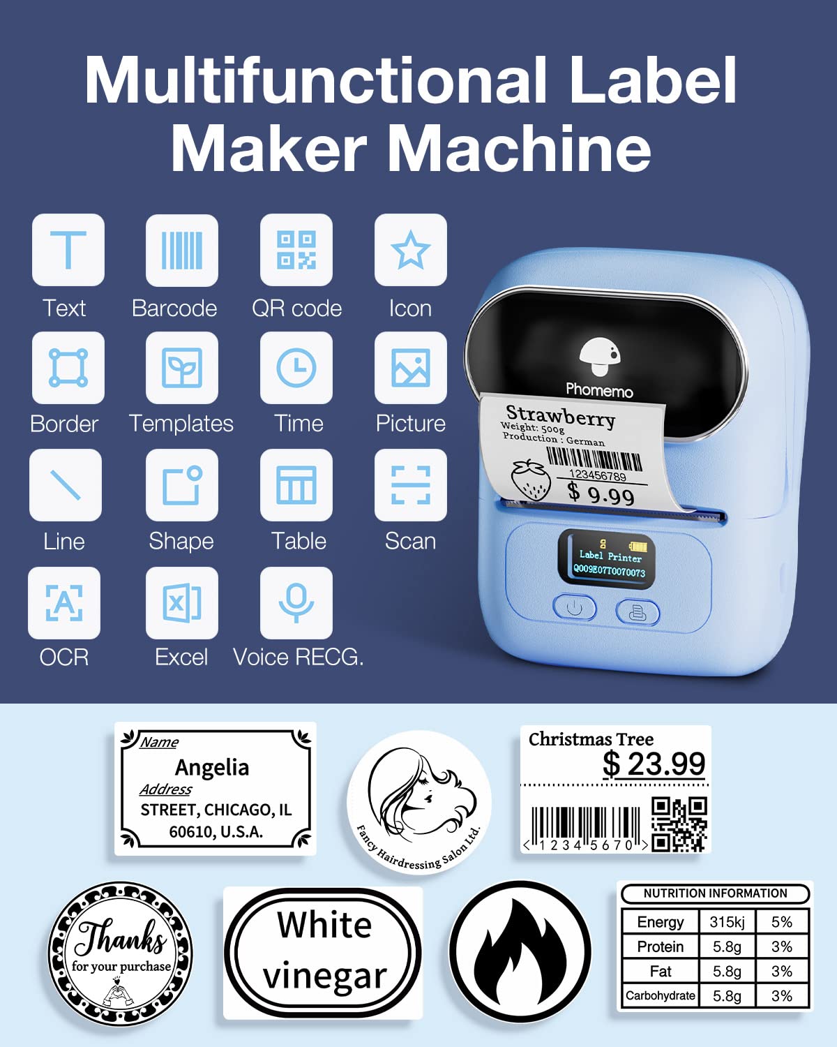 Phomemo Barcode Label Printer- M110 Label Maker Bluetooth Portable Label Maker Machine for Small Business, Address, Barcode, Logo, Clothing, Jerwery, Compatible with iOS & Android, Blue