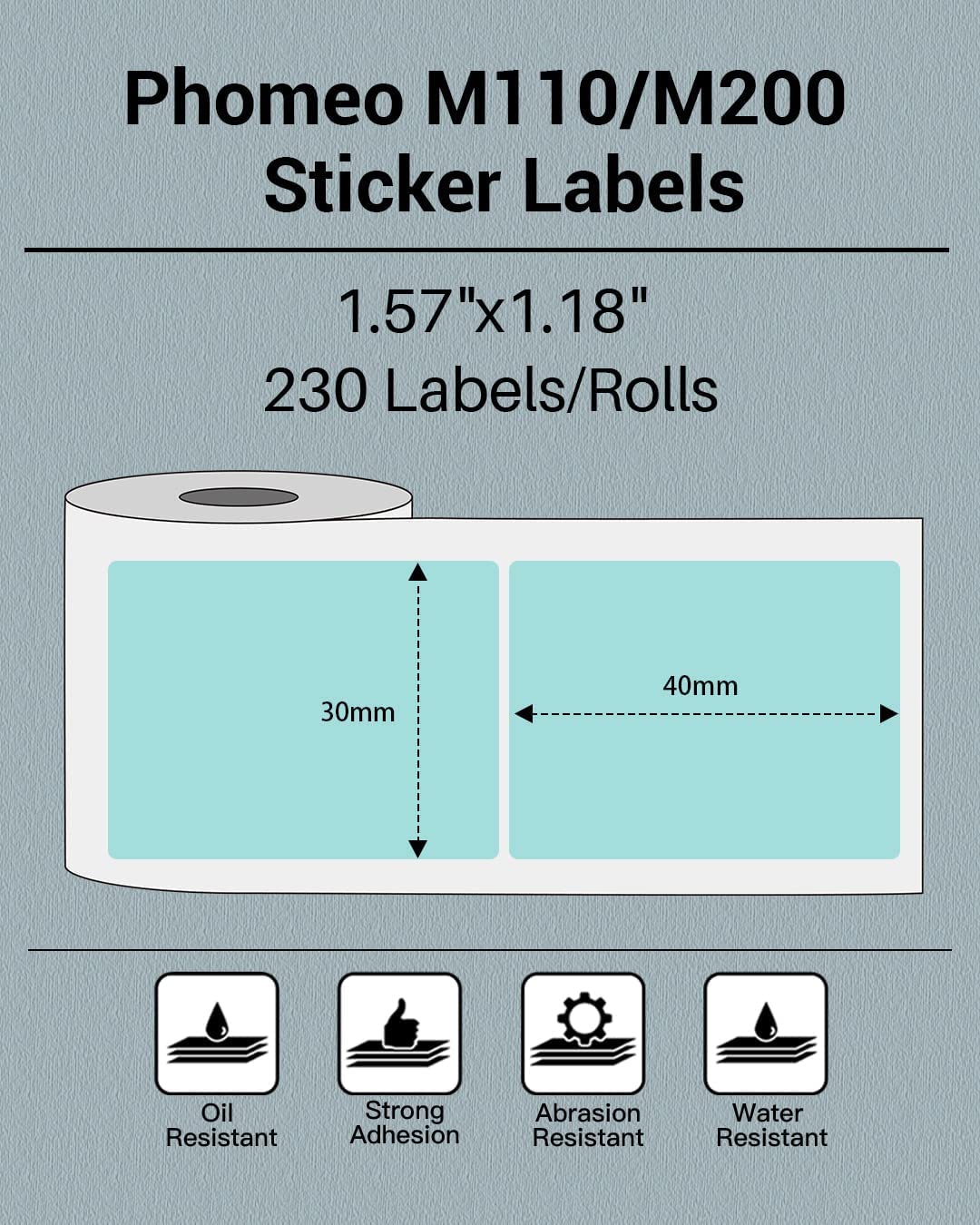 Phomemo, M110-etiketten voor M110/M110/M120/M200/M221 labelprinter, multifunctionele labels, 40 x 30 mm, 230 etiketten/rol, thermo-etiket voor barcode, doe-het-zelf-logo, thuis, kantoor, lichtgroen