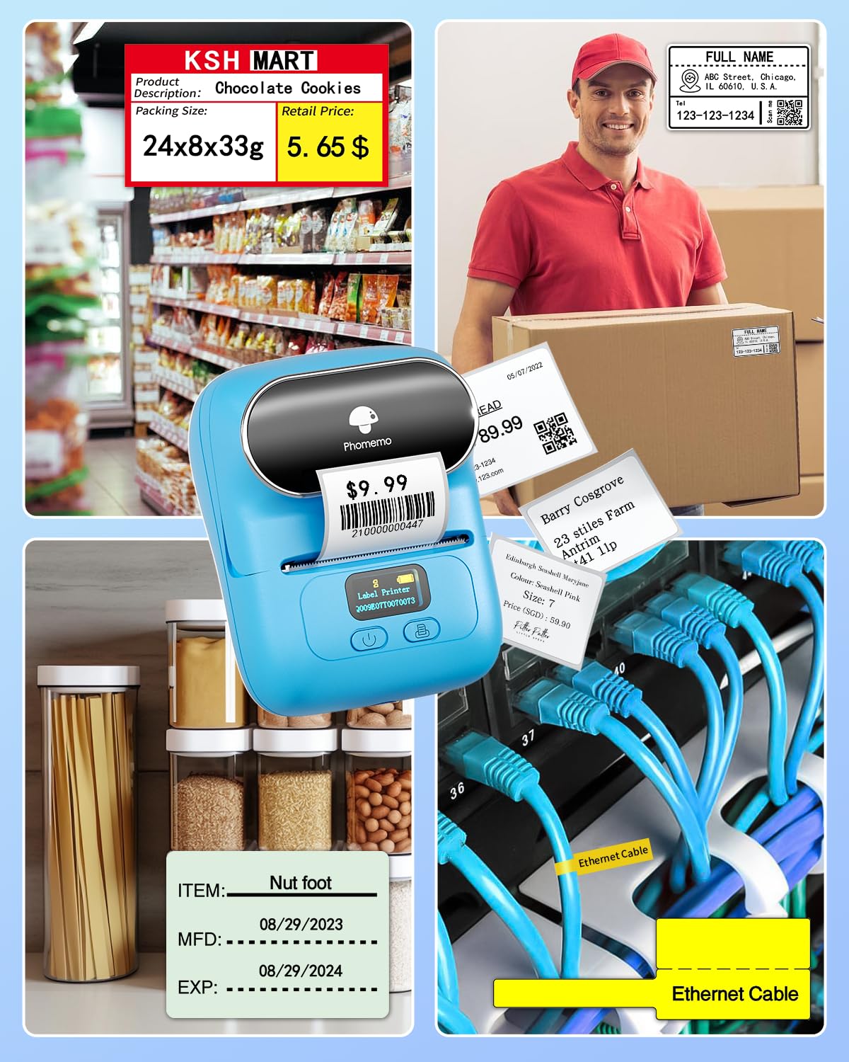 Imprimante d'¨¦tiquettes portable Phomemo M110, imprimante d'¨¦tiquettes thermique pour ¨¦tiqueteuse d'¨¦tiquettes adh¨¦sives Bluetooth, pour la vente au d¨¦tail, le commerce, le bureau - bleu