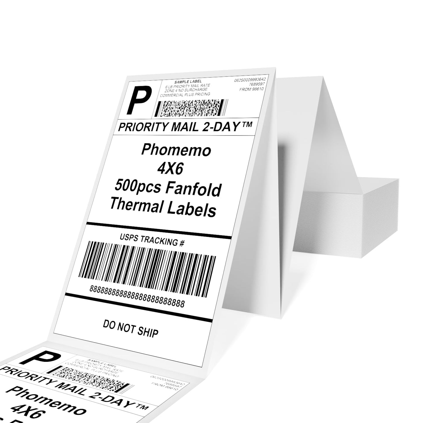 Phomemo 4''x6'' Direct Thermal Shipping Label, Pack of 500 4x6 Thermal Labels Fanfold - for Shipping Labels,Mailing,Address, Product Logo, Barcode Labels,Strong Adhesive (White)