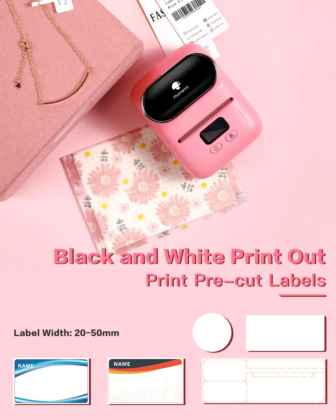 Phomemo-M110S Thermal Label Maker- Mini Portabel Bluetooth Label Maker Machine for Business, Barcode, Labeling, Crafters, Retailers or Organizers, Compatible with Android & iOS, Pink