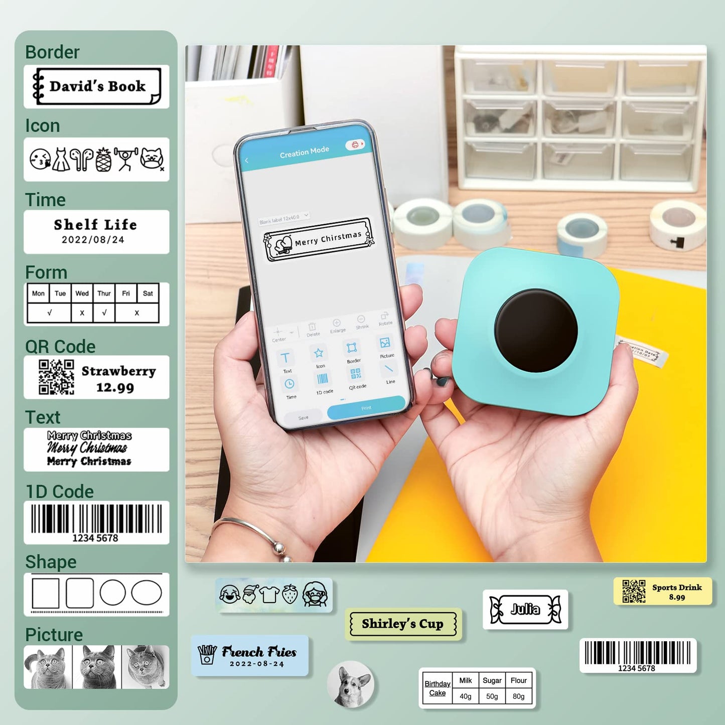 Phomemo-Q30S Label Maker-mini Bluetooth Thermal Label Printer Machine,Wireless Portable Label Machine Handheld for For Home, Office, School - With 1 Roll 12x40mm Label (Green)