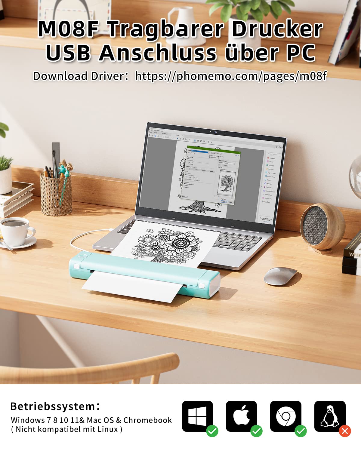 Przeno?na drukarka Phomemo M08F ¨C przeno?na drukarka podr¨®?na Bluetooth do laptopa, mobilna drukarka A4 w podr¨®?y, obs?uguje papier termiczny A4, do transferu tatua?u