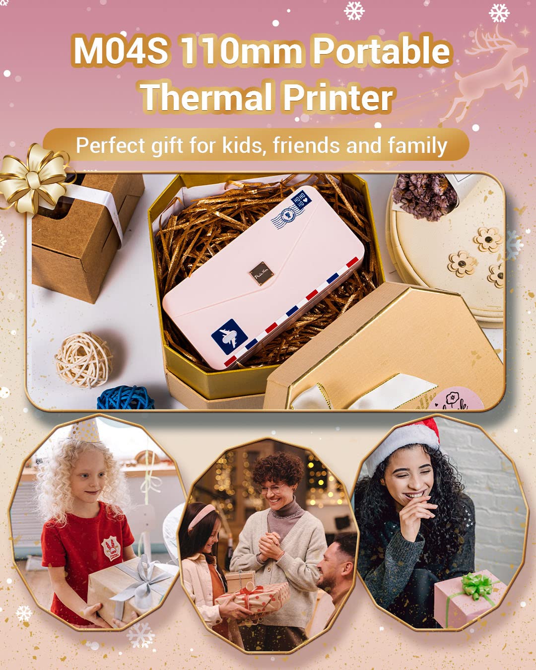 Phomemo Mini Yazıcı - M04AS 4'' Bluetooth yazıcısı mobil termal cep yazıcısı 15/53/80/110mm, 304dpi iOS&Android ile uyumlu, belgeler, fotoğraflar, notlar, etiketler, çıkartmalar için (Pembe)