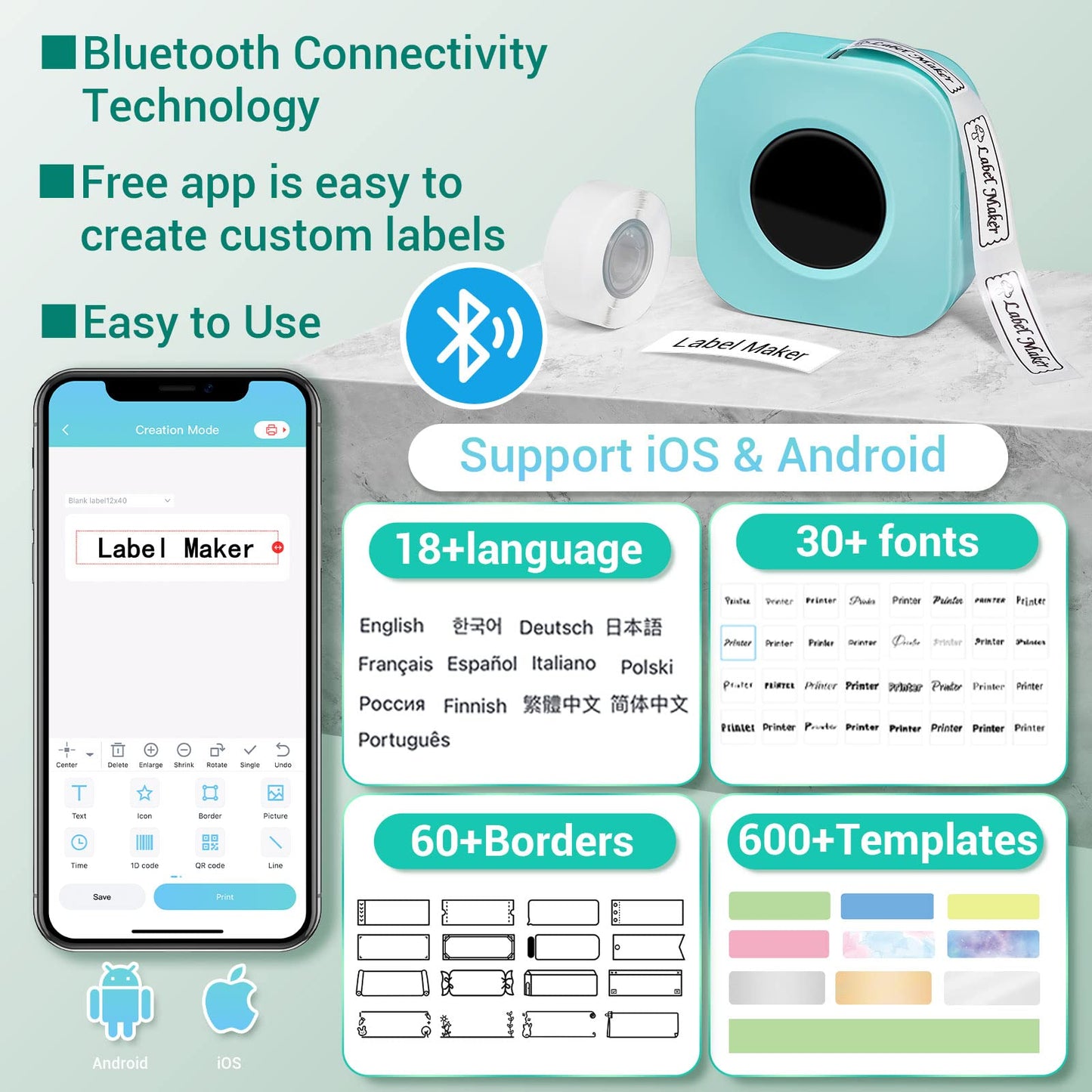 Phomemo-Q30S Label Maker-mini Bluetooth Thermal Label Printer Machine,Wireless Portable Label Machine Handheld for For Home, Office, School - With 1 Roll 12x40mm Label (Green)