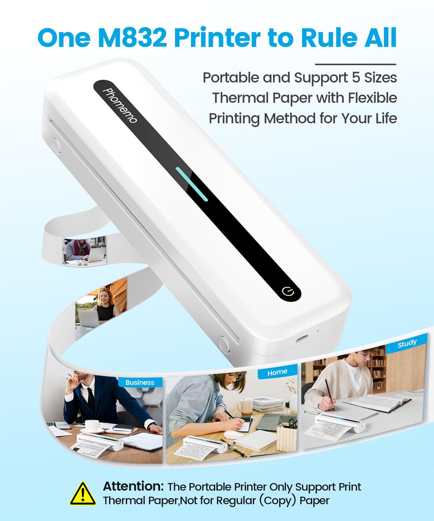 Phomemo Portable Printer,Portable Printers Wireless for Travel,M832 Thermal Inkless Printer Support 8.5'' x 11'' US Letter Thermal Paper,Mobile Printer Compatible with Phone,Laptop for Office,Home,Car