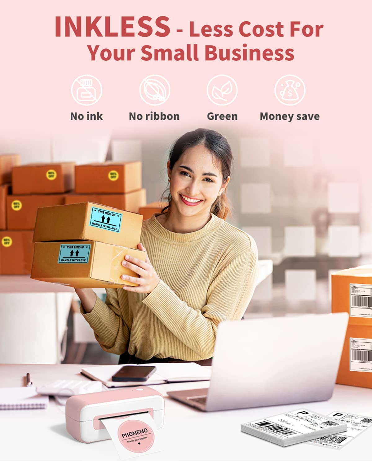 Pink Thermal Label Printer 4x6, Shipping Label Printer for Small Busines, Compatible with Amazon, Ebay, Shopify, Etsy, UPS, FedEx, DHL, etc