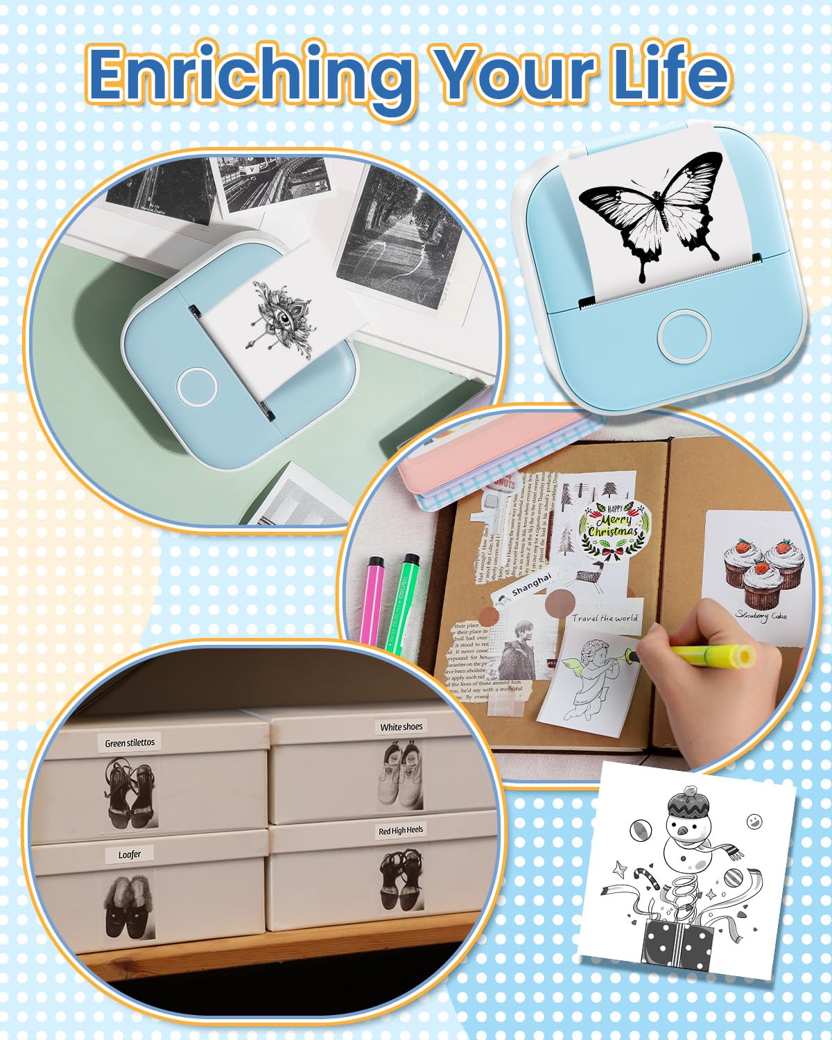 Phomemo Mini Sticker Printer - T02 Mini Thermal Printer, Inkless Sticker Printer with 3 Paper Rolls, Bluetooth Small Printer for Journal, Photos, Notes - Blue