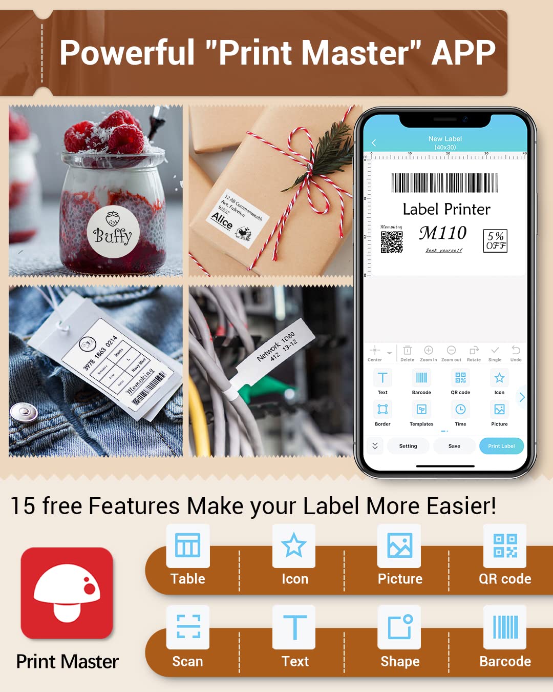 Phomemo Barcode Label Printer- M110 Label Maker Portable Bluetooth Label Maker Machine for Small Business, Barcode, Address, Logo, Clothing, Jerwery, support Arabic and English,For iOS & Android