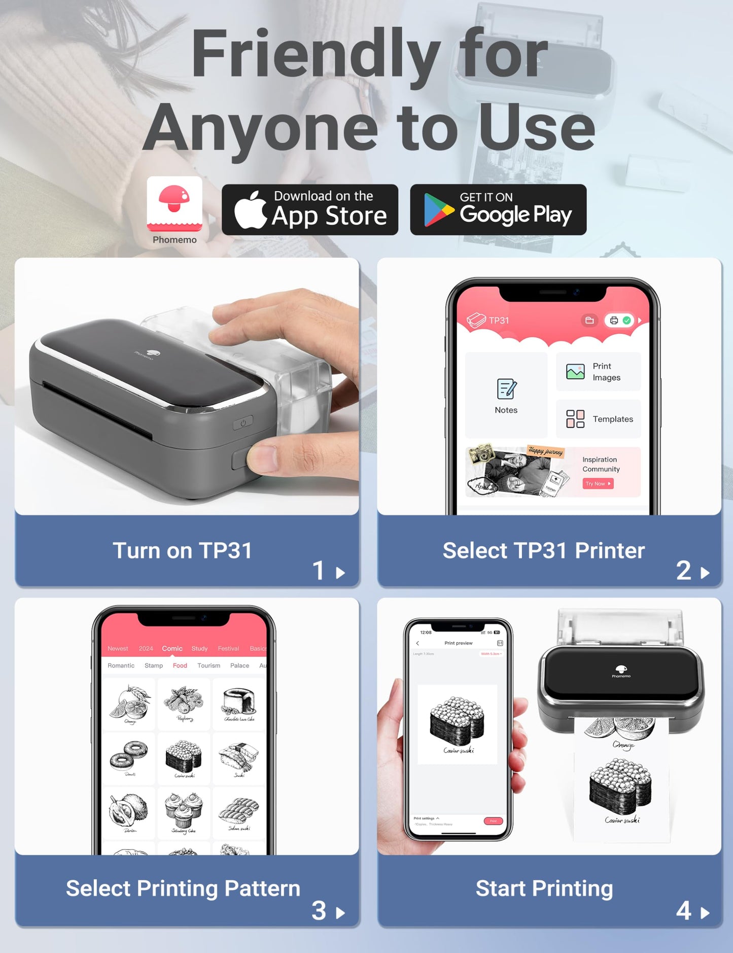 Phomemo TP31 Mini Imprimante Portable Thermique, Imprimante Etiquette Thermique-Etiquetteuse Autocollante Thermique avec Android et iOS pour Photo,Notes,Journal,Liste,M¨¦mo,Cadeaux Autocollants