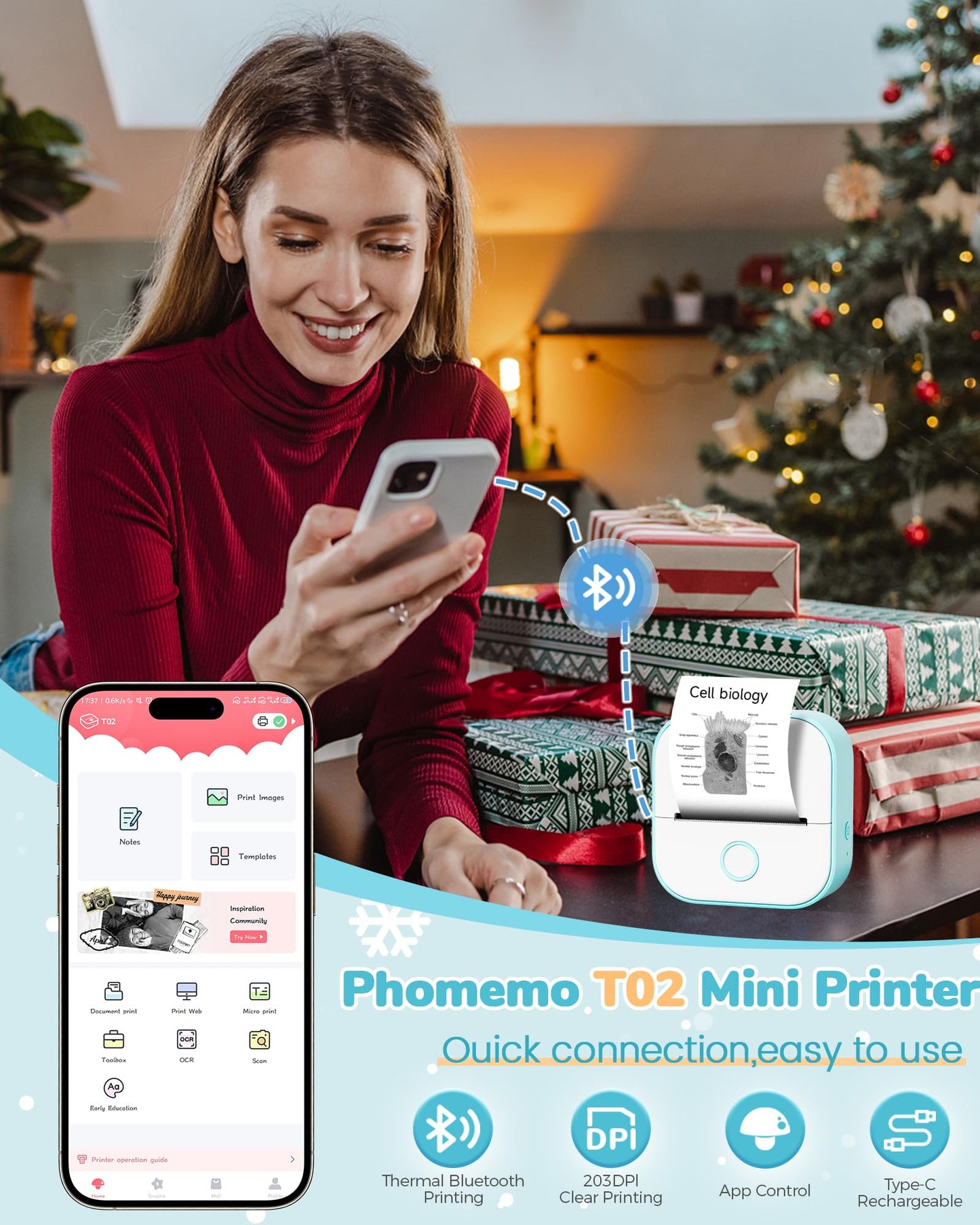 Phomemo Mini Printer,T02 Thermal Printer,Portable Photo Phone Printers for Students,Wireless Sticker Printer for iOS & Android,Small Bluetooth Printer for Home Office School Crafters Kids Friends