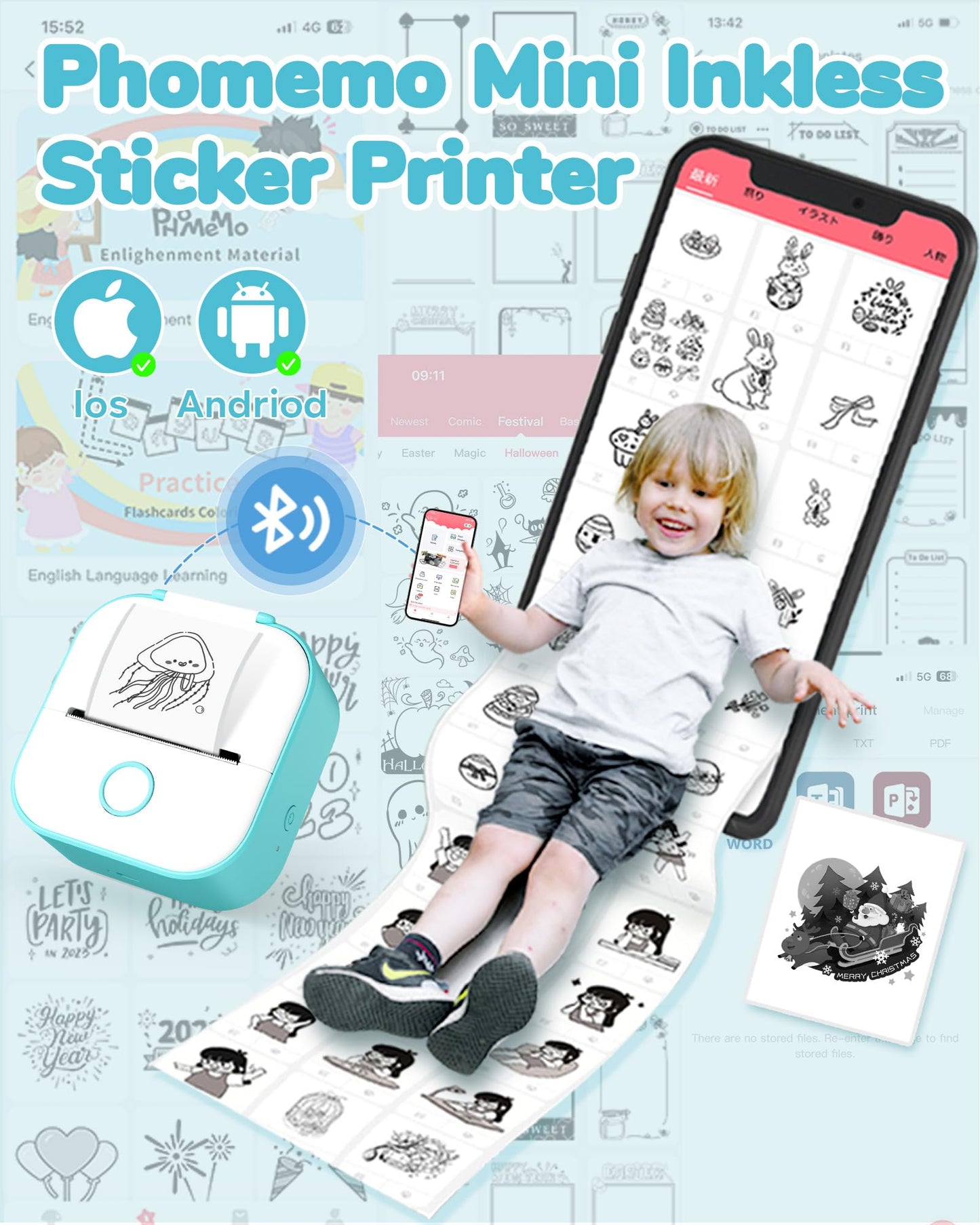 Phomemo Mini Printer,T02 Thermal Printer,Portable Photo Phone Printers for Students,Wireless Sticker Printer for iOS & Android,Small Bluetooth Printer for Home Office School Crafters Kids Friends