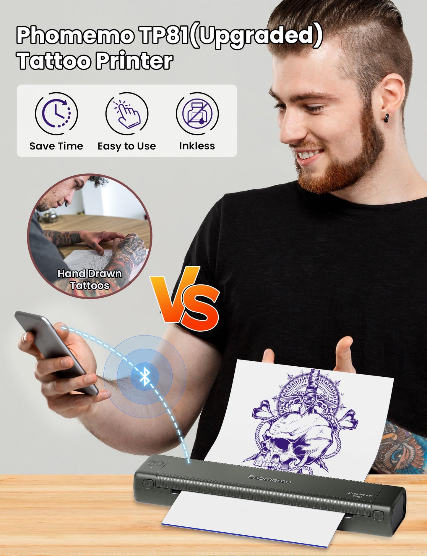 Phomemo Newly Upgrade TP81 Tattoo Stencil Printer, Wireless Stencil Printer for Tattooing, Suitable for Tattoo Artist/Beginner/Temporary Tattoo, Compatible with Phone, Tablet & PC, Grey