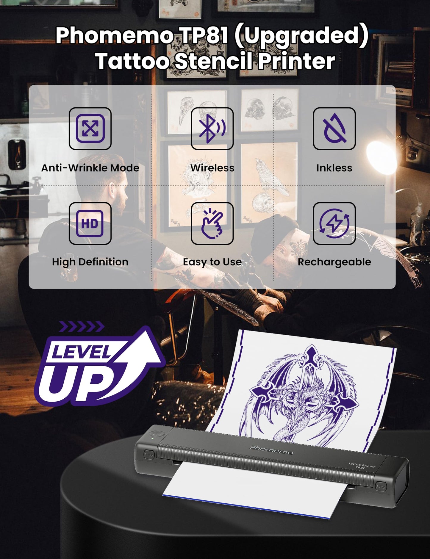 Phomemo Newly Upgrade TP81 Tattoo Stencil Printer, Wireless Stencil Printer for Tattooing, Suitable for Tattoo Artist/Beginner/Temporary Tattoo, Compatible with Phone, Tablet & PC, Grey