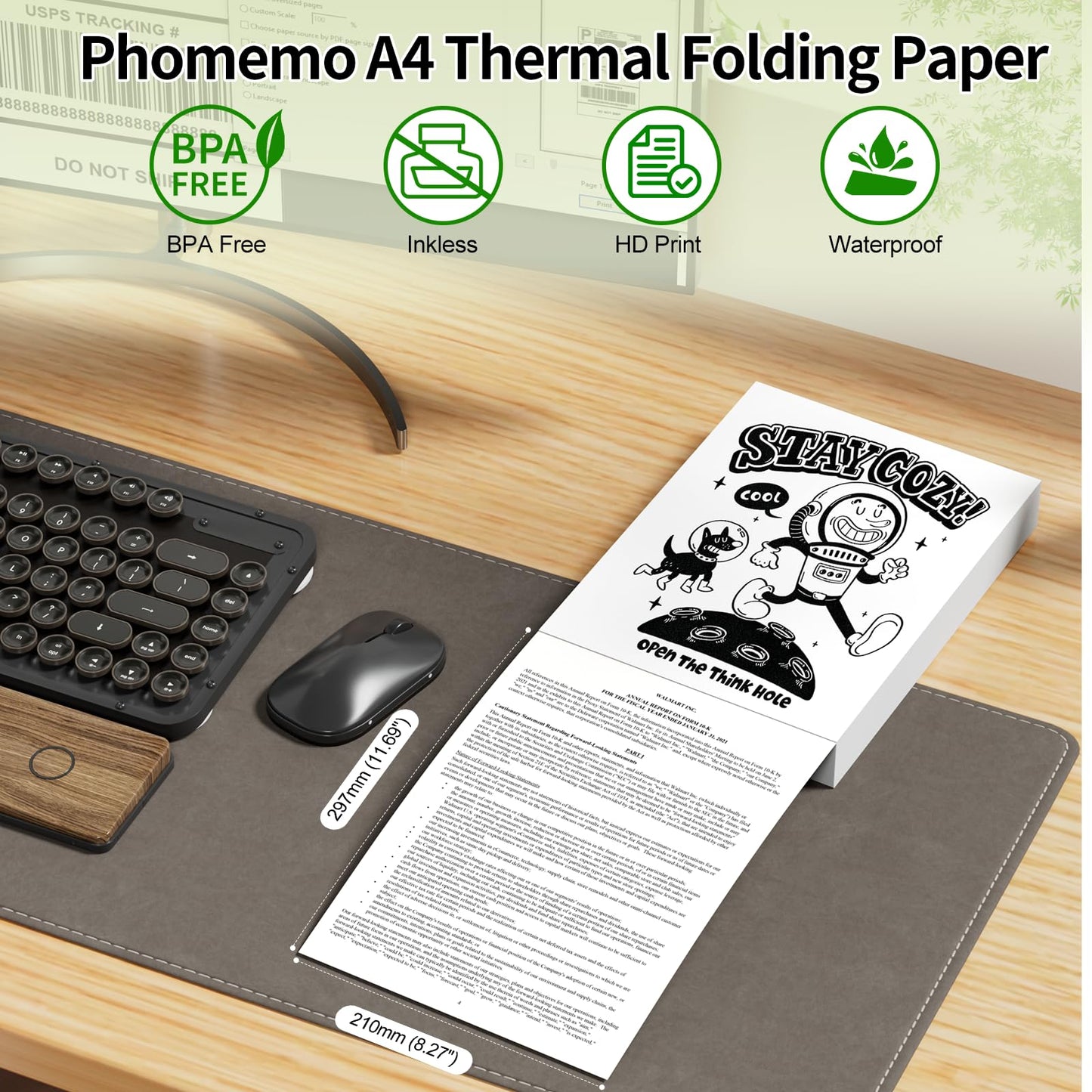 Phomemo Papel t¨¦rmico plegable sin fin A4, 210 mm x 297 mm, compatible con Phomemo M08/M831/M832/M833/M833/M834, impresora port¨¢til A4, para negocios, hogar, foto, factura, contrato, 200 hojas