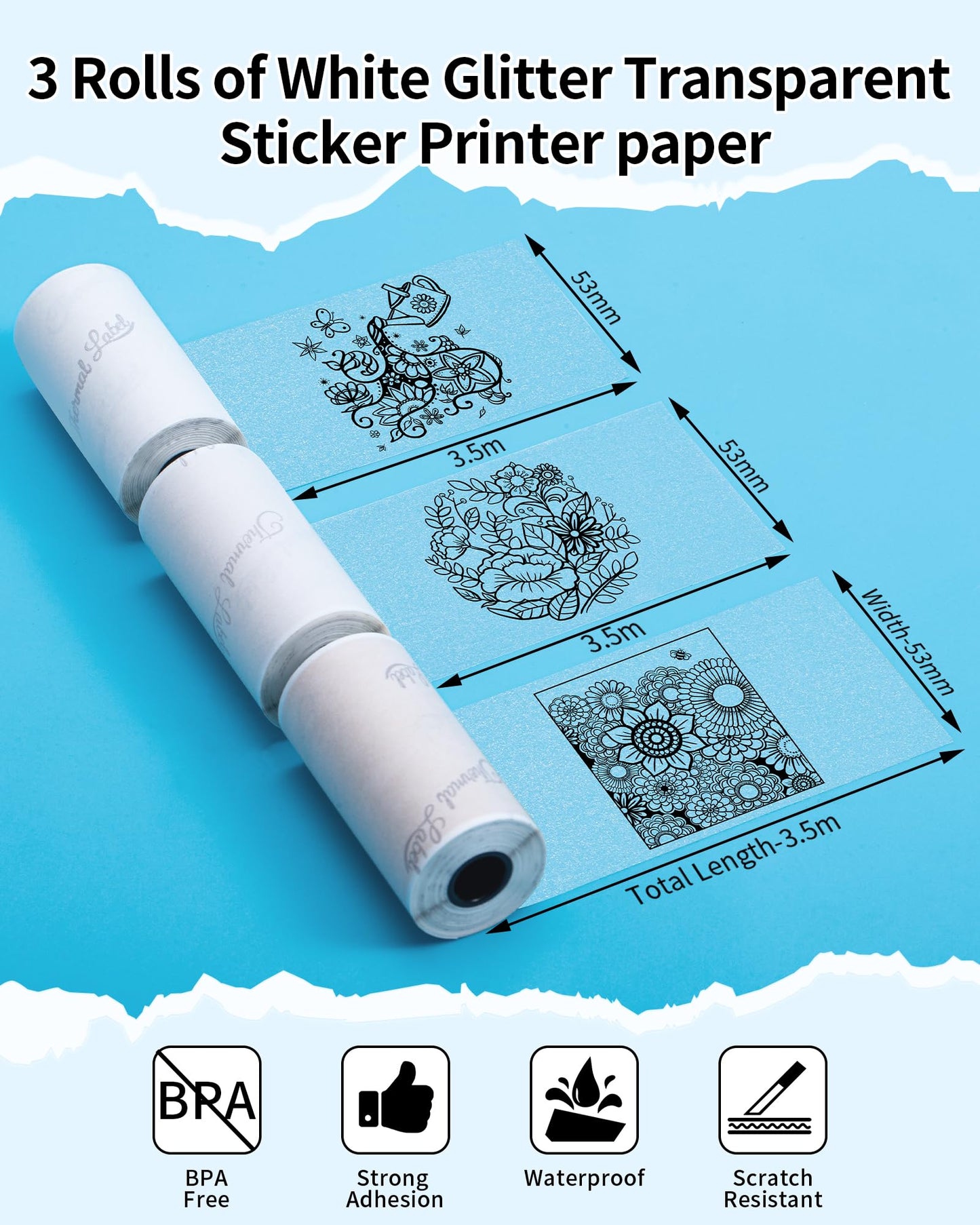 Phomemo Papier, bia?y b?yszcz?cy przezroczysty papier samoprzylepny do drukarek termicznych T02, M02, M02PRO, M02S, M03, M03AS, M04S, M04AS do zdj??, scrapbookingu, naklejek, 53 mm x 3,5 m, 3 rolki