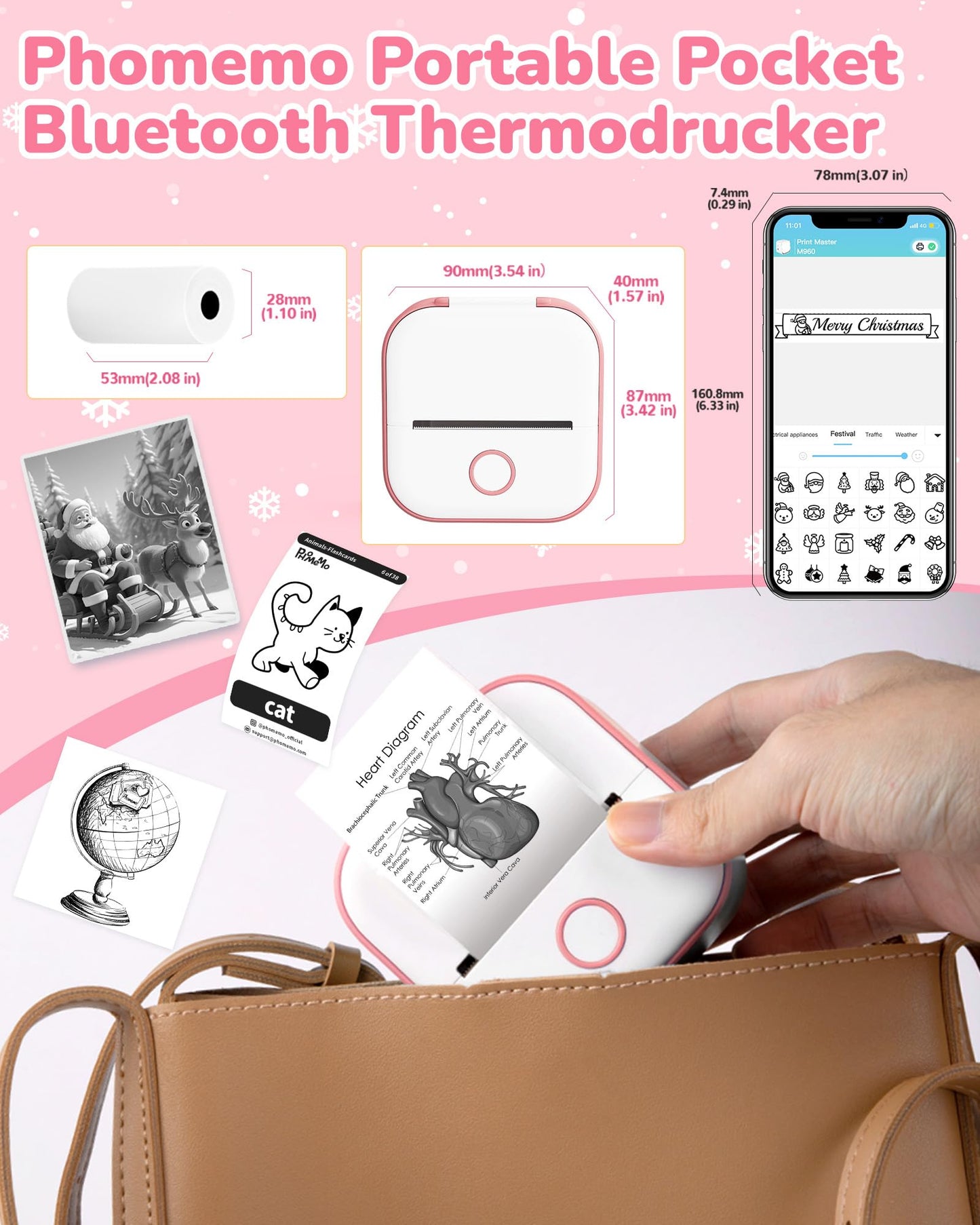 Phomemo Mini-labelprinter, T02 sticker, fotoprinter voor smartphone, mobiele telefoon, thermische printer, klein, met 3 rollen thermisch papier, 203dpi sticker, Bluetooth printbuddy printer, zwart en