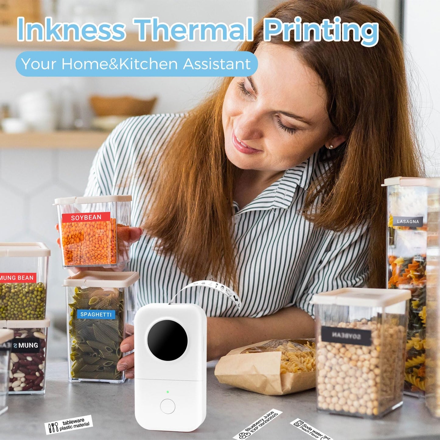 Phomemo D30 Imprimante d'étiquettes,imprimante d'étiquettes Thermiques Bluetooth Étiqueteuse,Coffret Cadeau avec 5 Rouleaux de Papier pour étiquettes,utilisées dans Cuisine,école,Bureau,Maison,Blanc