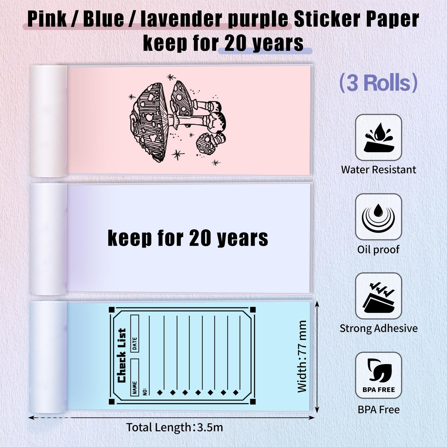 Phomemo Adhesive Thermal Sticker Paper for M832/M03/M03AS/M04S/M04AS Printer, Black on Purpple/Pink/Blue, 3.03''(77mm) Width X 3.5m Length, 3 Rolls, Stored for 20 Years