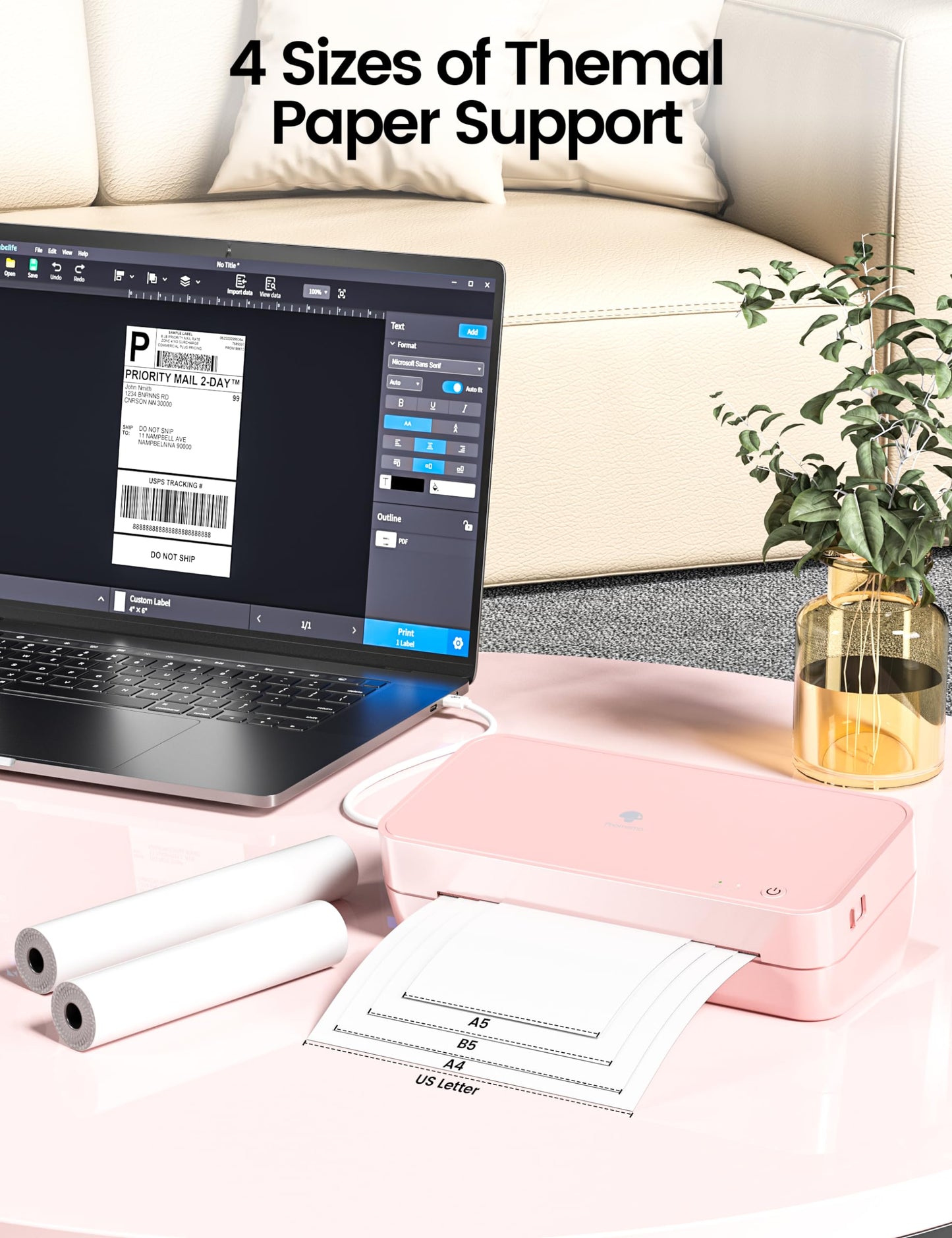 Phomemo S821 Pink Thermal Printer, Wireless Printer Supports US Letter/A4/A5/B5 Thermal Paper, Portable Inkless Printer Supports 2.4 GHz WiFi, Compatible with Phone & PC, 203dpi