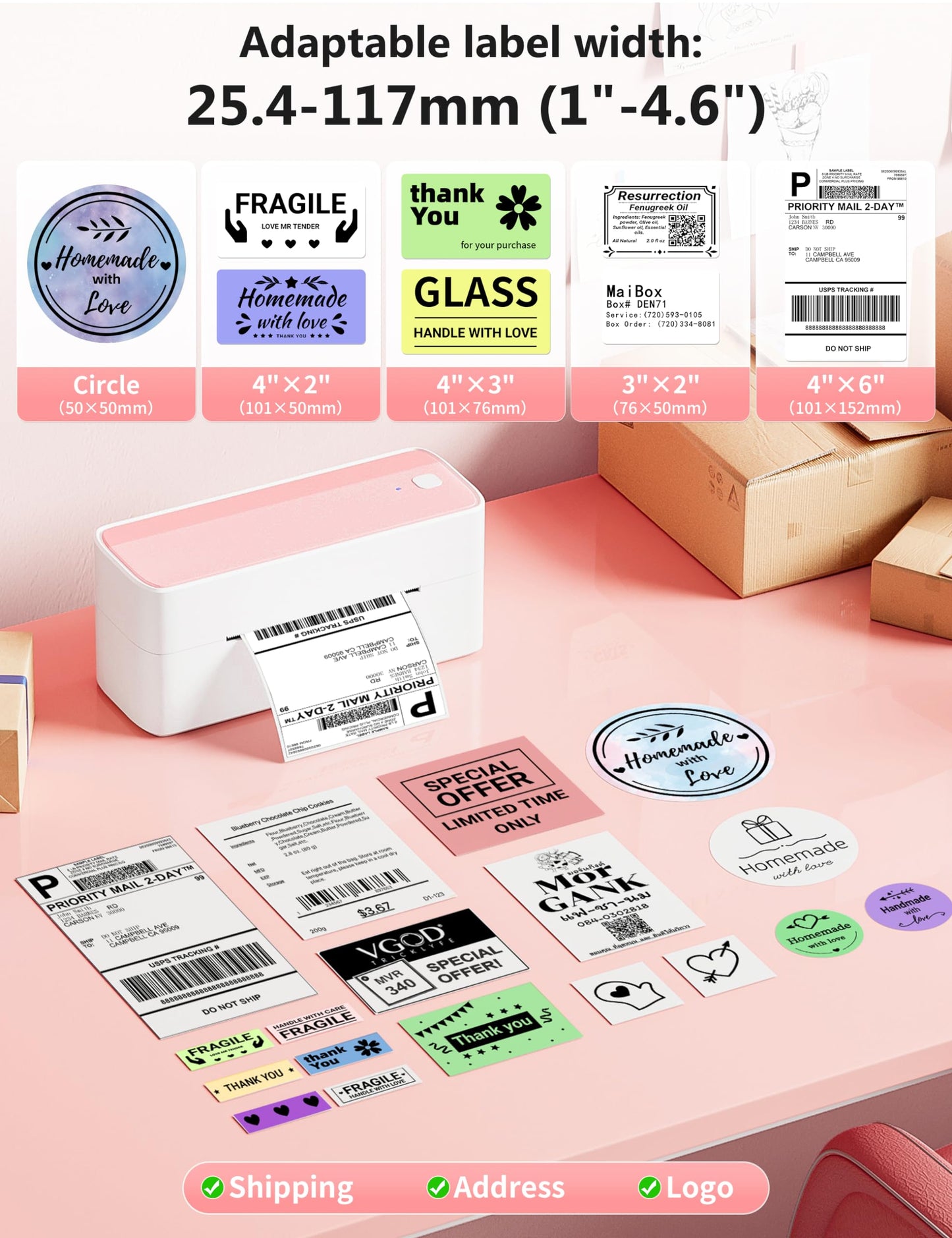 Phomemo Bluetooth Thermal Label Printer, Wireless Shipping Label Printer 4X6, Pink Barcode Label Printer for Small Business, Compatible with iPhone, Android, Amazon, Canada Post, Ebay, Shopify, UPSP