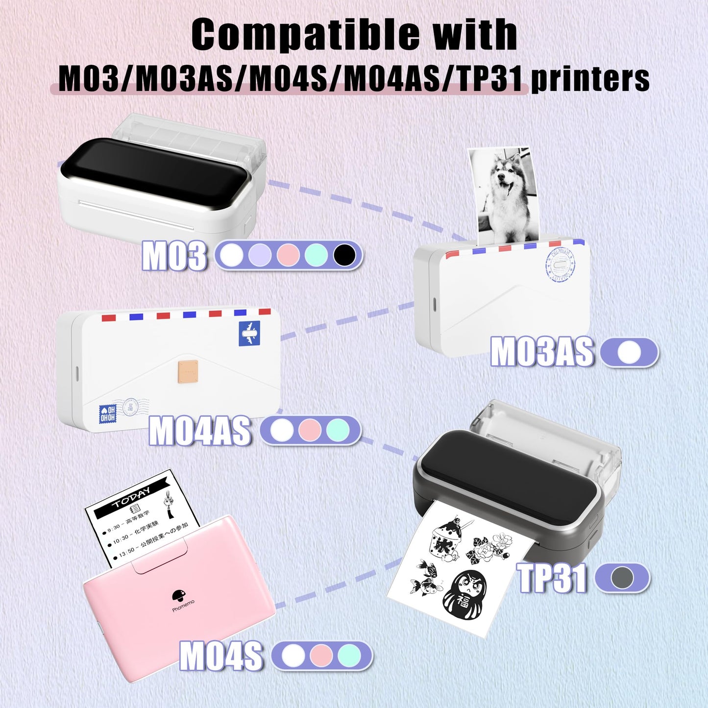 Phomemo Adhesive Thermal Sticker Paper for M832/M03/M03AS/M04S/M04AS Printer, Black on Purpple/Pink/Blue, 3.03''(77mm) Width X 3.5m Length, 3 Rolls, Stored for 20 Years