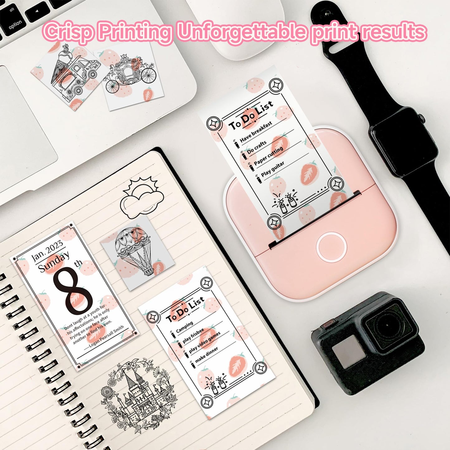 Phomemo Self-Adhesive Thermal Sticker Paper, Color Printer Paper Compatible With Phomemo Q02/T02/M832/M02/M02S/M04S Thermal Printer, Black on Milk Strawberry, 50mm x 3.5m, Keep for 20 Years, 3 Rolls