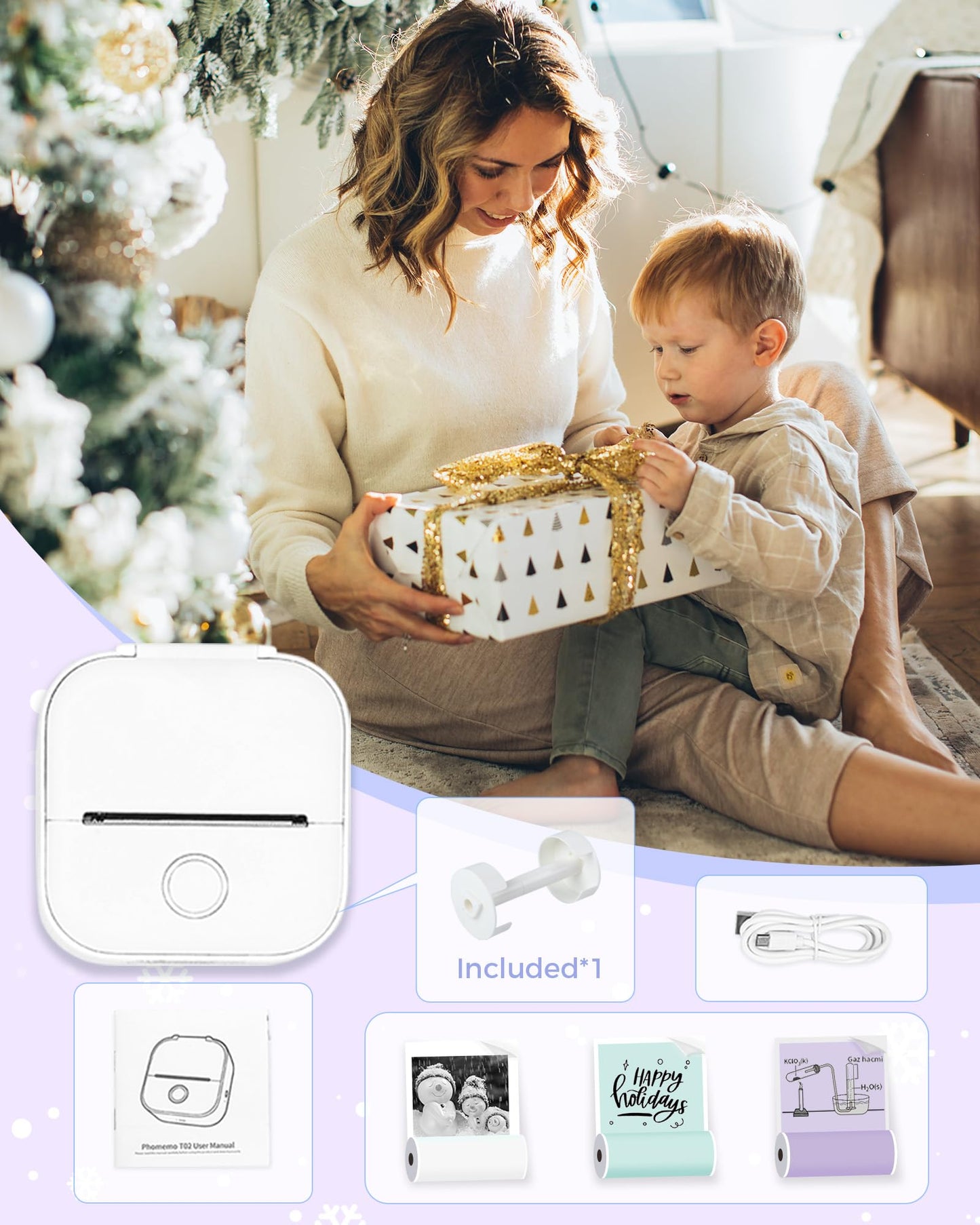 Phomemo Mini-printer, T02 mobiele telefoon fotoprinter voor mobiele telefoon, sticker, thermische printer, klein, 50-53 mm, zwart-wit print voor telefoon en tablet, coole kleine pocket thermische