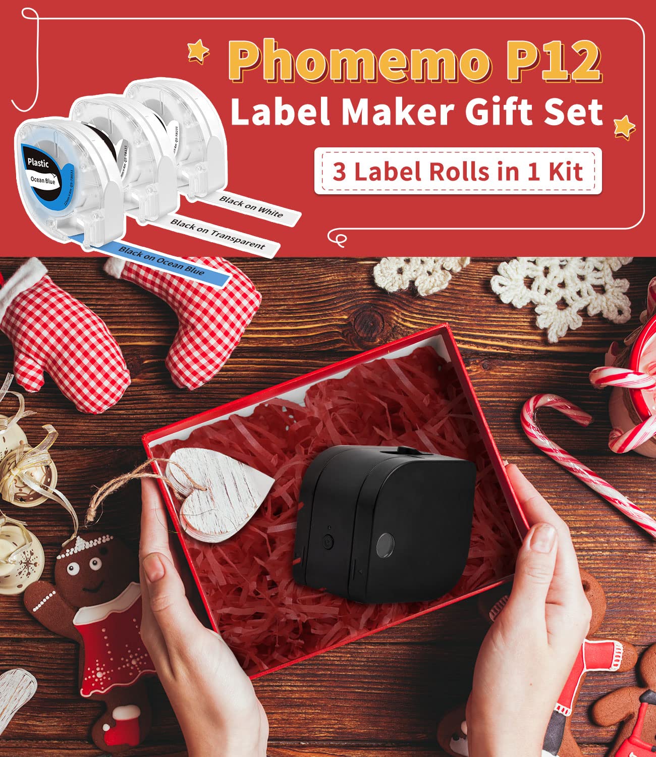 Phomemo P12 Mini Bluetooth labelset met 3 rollen verschillende gekleurde etiketten, thermo-etiketteerapparaat, zelfklevend, etiketprinter voor thuis, kantoor, labelprinter voor iOS en Android