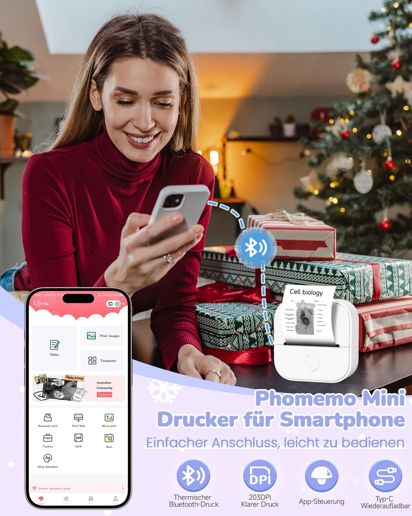 Phomemo Mini yazıcı, T02 cep telefonu fotoğraf yazıcısı, cep telefonu için, çıkartma, termal yazıcı, küçük, 50 - 53 mm siyah beyaz baskı, telefon ve tablet için, ofis, ev, okul odası için havalı küçük