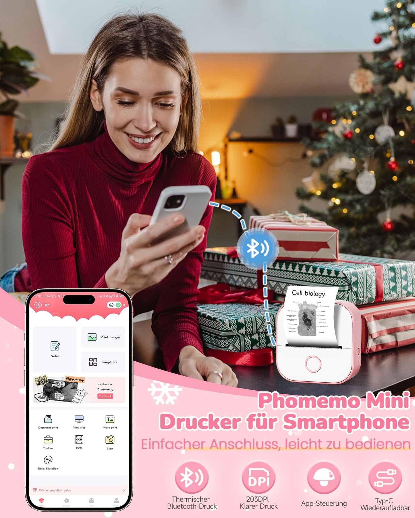 Phomemo Mini-labelprinter, T02 sticker, fotoprinter voor smartphone, mobiele telefoon, thermische printer, klein, met 3 rollen thermisch papier, 203dpi sticker, Bluetooth printbuddy printer, zwart en