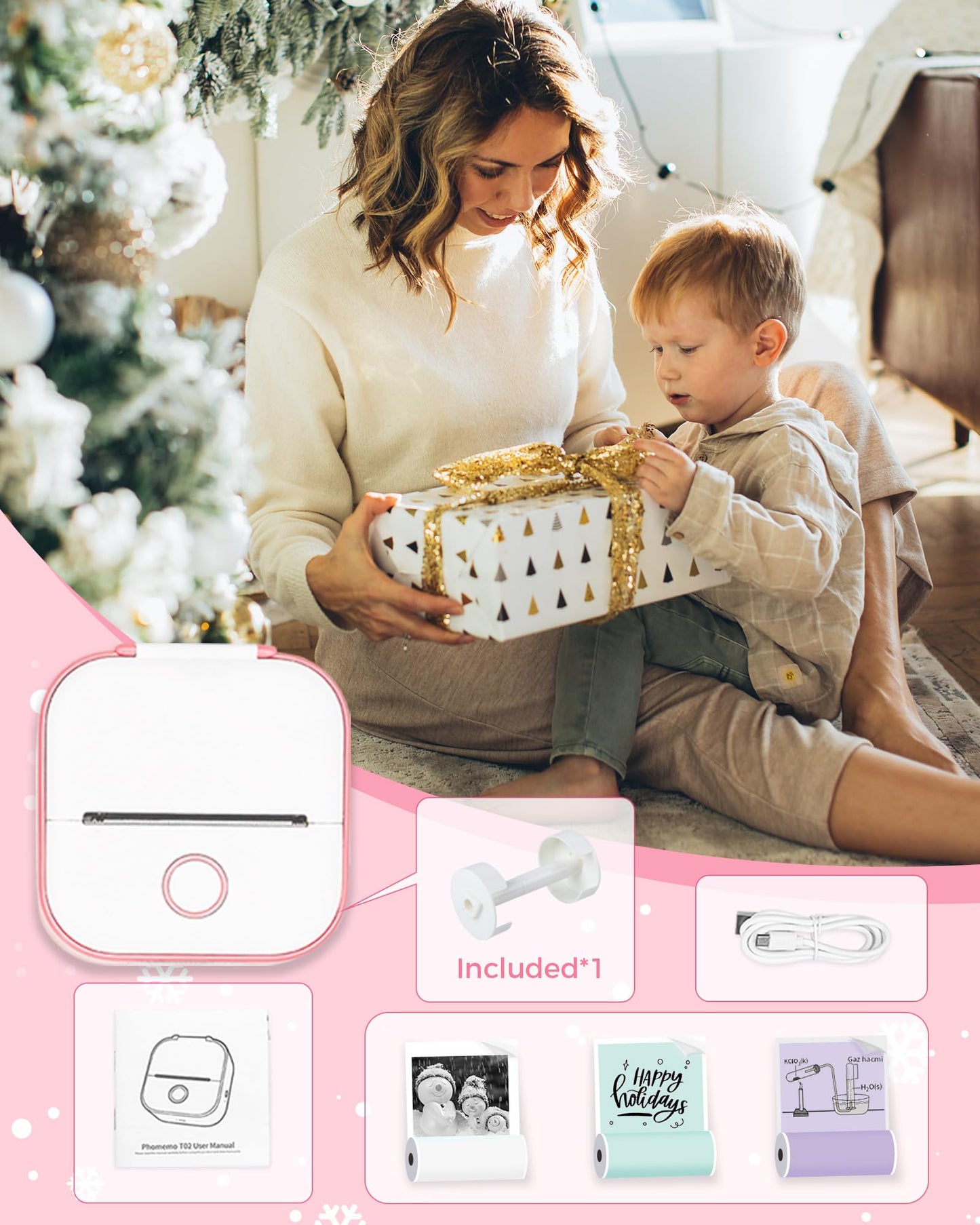 Phomemo Mini-labelprinter, T02 sticker, fotoprinter voor smartphone, mobiele telefoon, thermische printer, klein, met 3 rollen thermisch papier, 203dpi sticker, Bluetooth printbuddy printer, zwart en