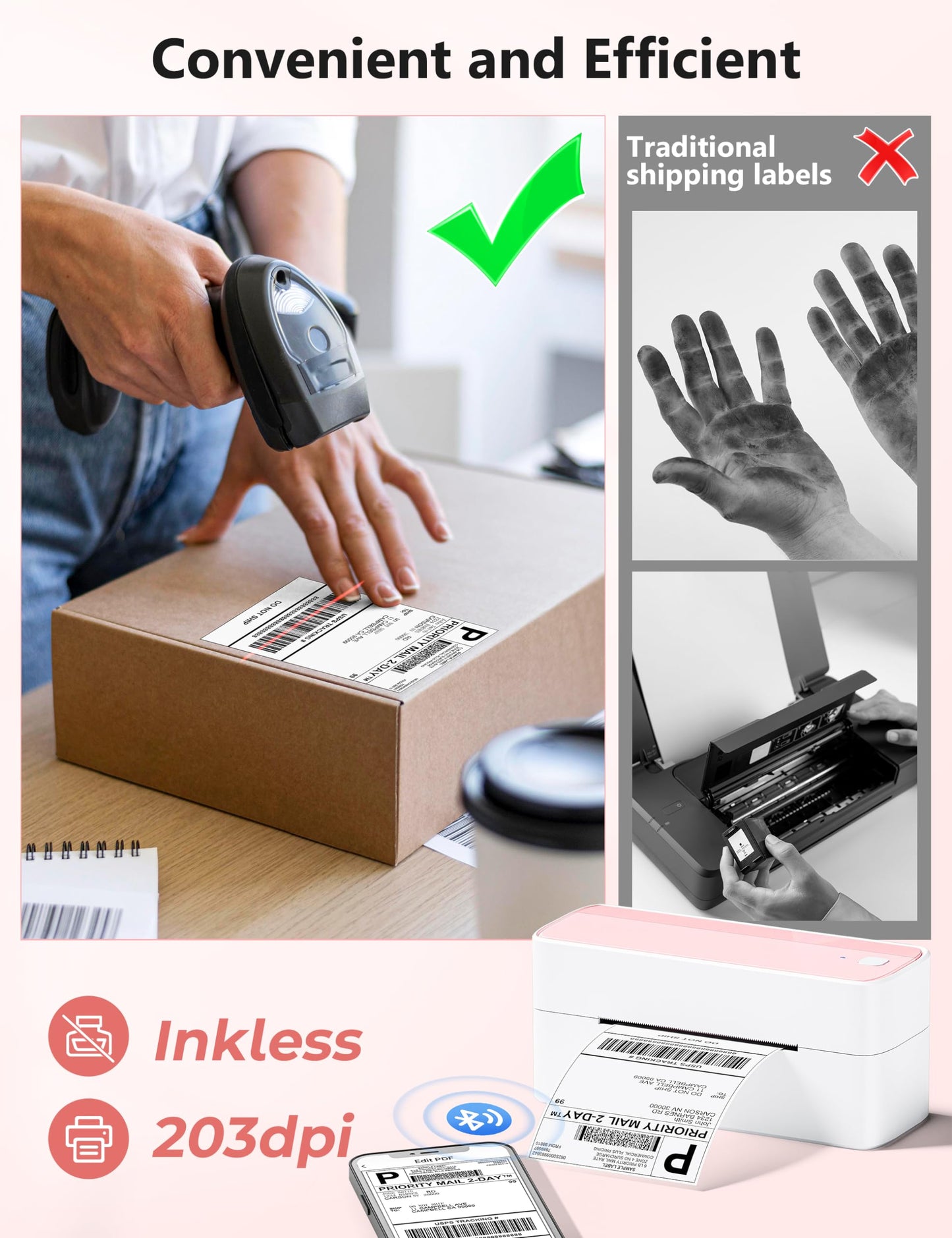 Phomemo Bluetooth Thermal Label Printer, Wireless Shipping Label Printer 4X6, Pink Barcode Label Printer for Small Business, Compatible with iPhone, Android, Amazon, Canada Post, Ebay, Shopify, UPSP
