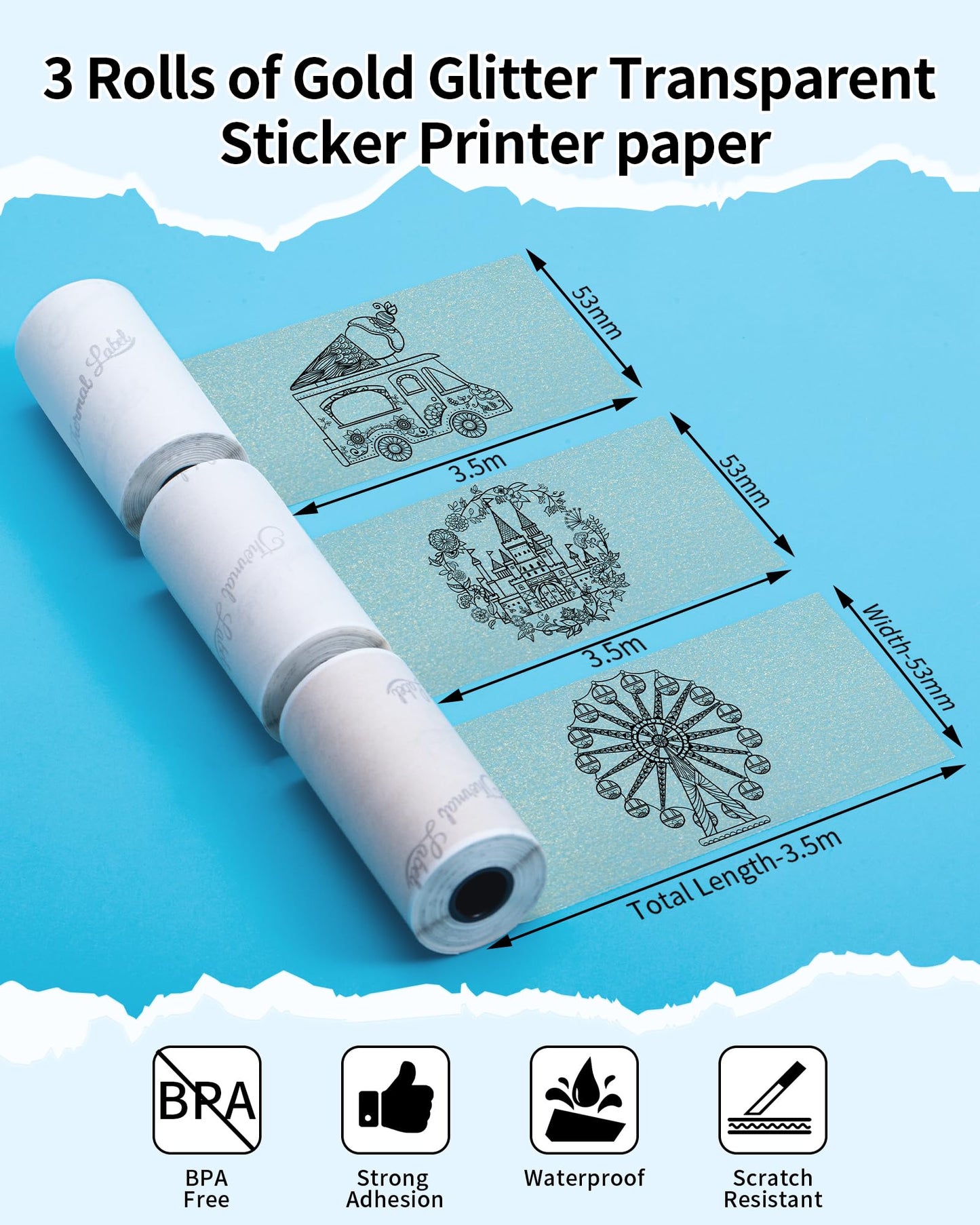 Phomemo Papier Pailleté or Transparent pour Phomemo M02, M02PRO, T02, M02S, M02X, M02L, M03, M03AS, M04S, M04AS Mini Imprimante Portable, 53mm x 3.5m, Diamètre 30mm, 3 Rouleaux