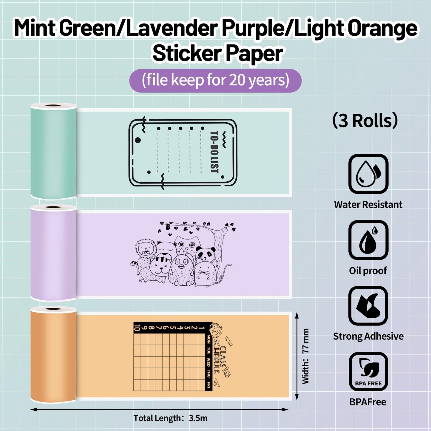 Phomemo Adhesive Thermal Sticker Paper for M832/M03/M03AS/M04S/M04AS Wireless Pocket Printer, Black on Green/Purple/Orange Paper, 3.03''(77mm) Width X 3.5m Length, 3 Rolls, Stored for 20 Years