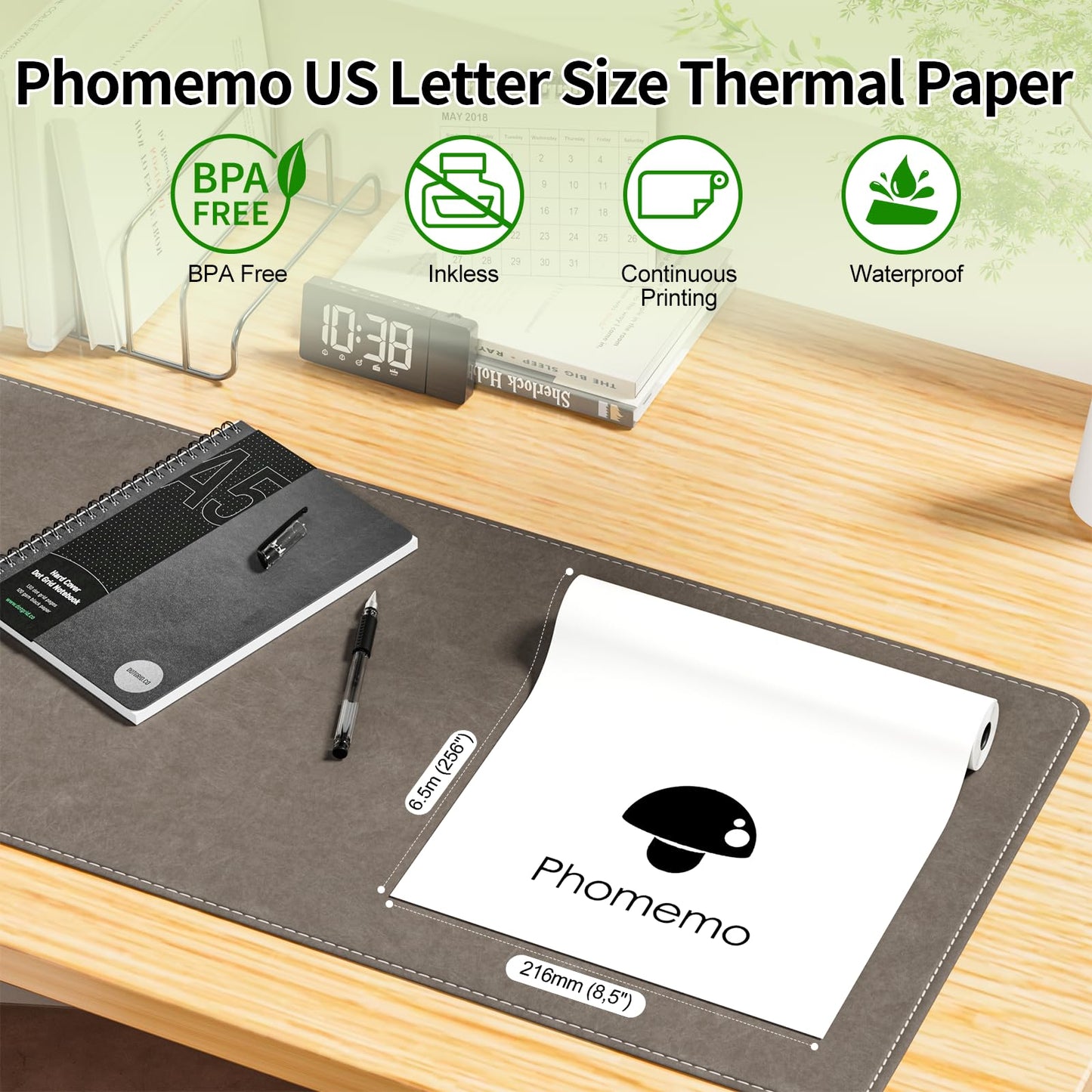 Phomemo 2 rollos de papel para impresora t¨¦rmica, tama?o carta de EE. UU., 216 mm x 6,5 m, compatible con Phomemo P831/M832/M833/M834/M835 Impresora port¨¢til A4, para viajes, hogar, foto, factura, 2