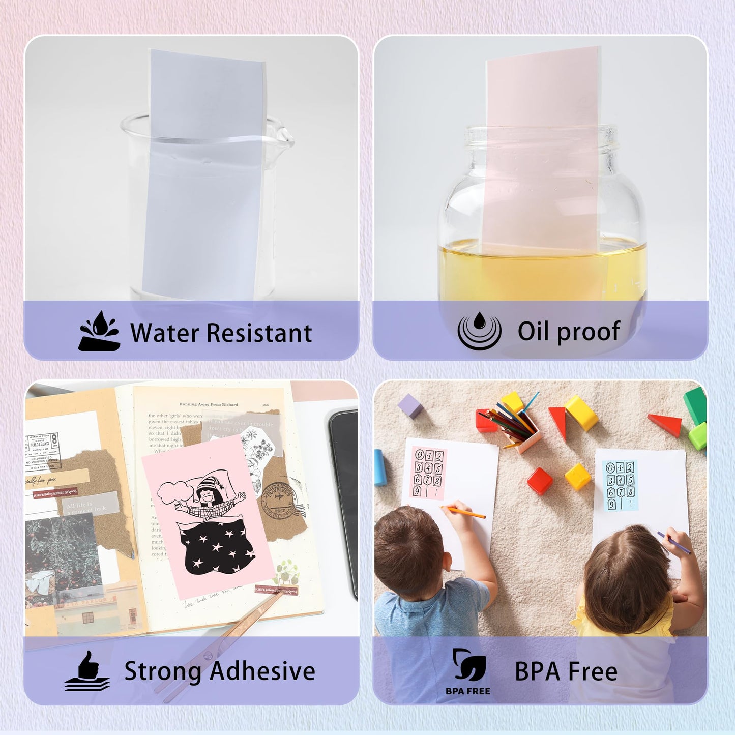 Phomemo Adhesive Thermal Sticker Paper for M832/M03/M03AS/M04S/M04AS Printer, Black on Purpple/Pink/Blue, 3.03''(77mm) Width X 3.5m Length, 3 Rolls, Stored for 20 Years