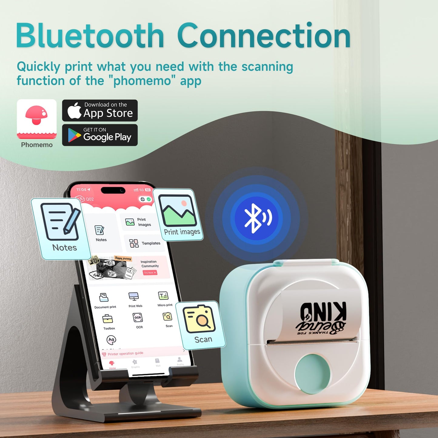 Phomemo Q02 Mini Sticker Printer ¡ª Bluetooth Thermal Printer, Sticker Maker Machine for DIY Stickers, Study Notes, Kids Gift, Compatible with Phone & iPad, Green