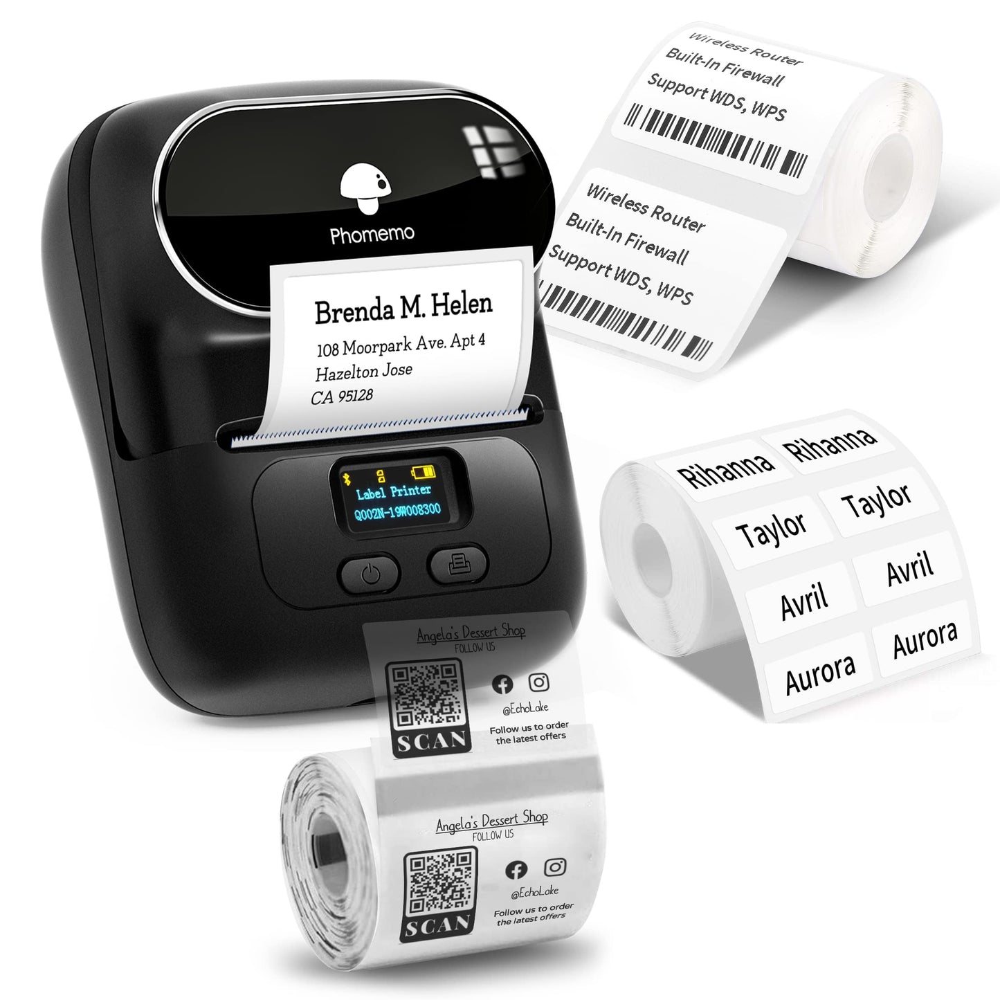 Phomemo M110 Label Printer - Bluetooth No Ink Printer, Mini Portable Barcode Label Printer for Retail, Address, Barcode, Home, for PC/Mac, iOS/Android, with 3pack Most Used Labels, Ebony Black