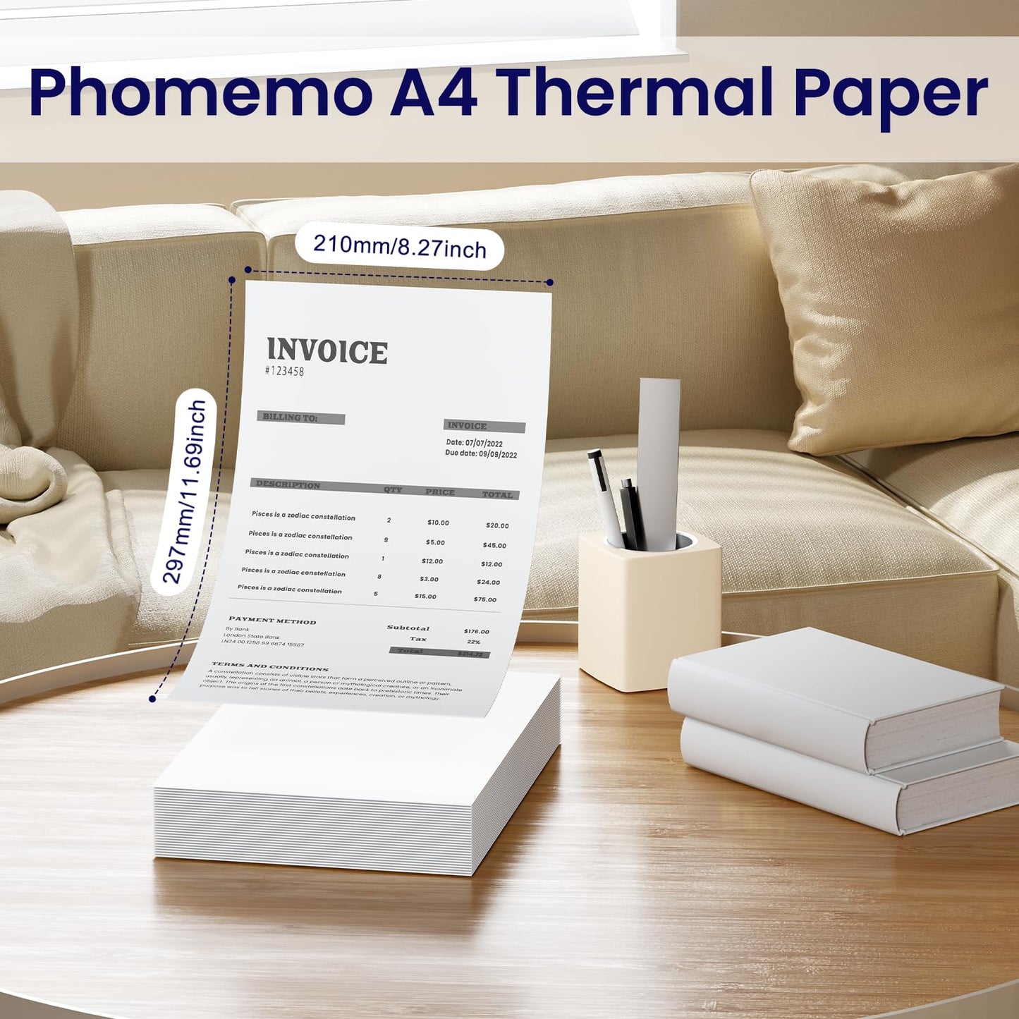 Phomemo A4 Impresora Papel, Papel Térmico Blanco de Secado Rápido para Impresoras Térmicas Portátiles A4 M08F/P831/M832/M833/M834/M835, 210mm x 297mm (8.27'' x 11.69''), 100 Hojas/Caja